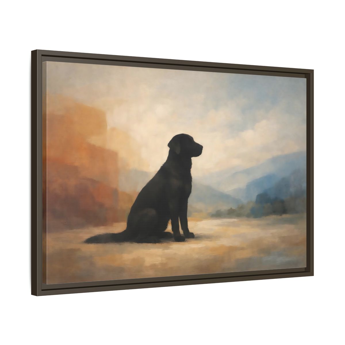 Side Mockup 11. Animals Black Labrador Black Dog Landscape shown as stretched canvas wall art