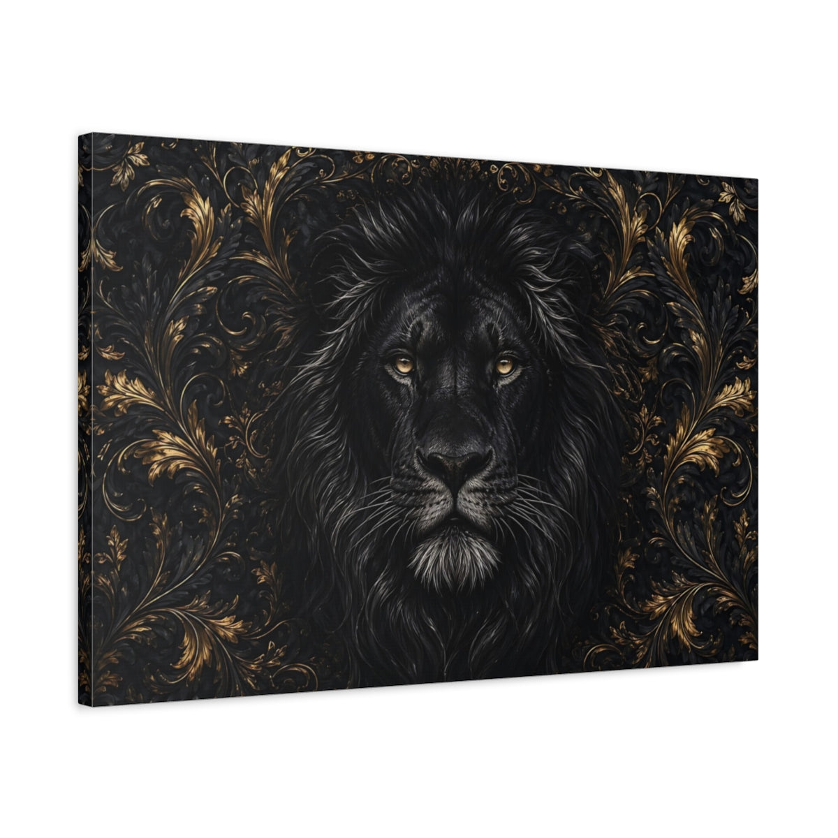 Side Mockup 2. Animals Black Lion Black And Gold shown as stretched canvas wall art