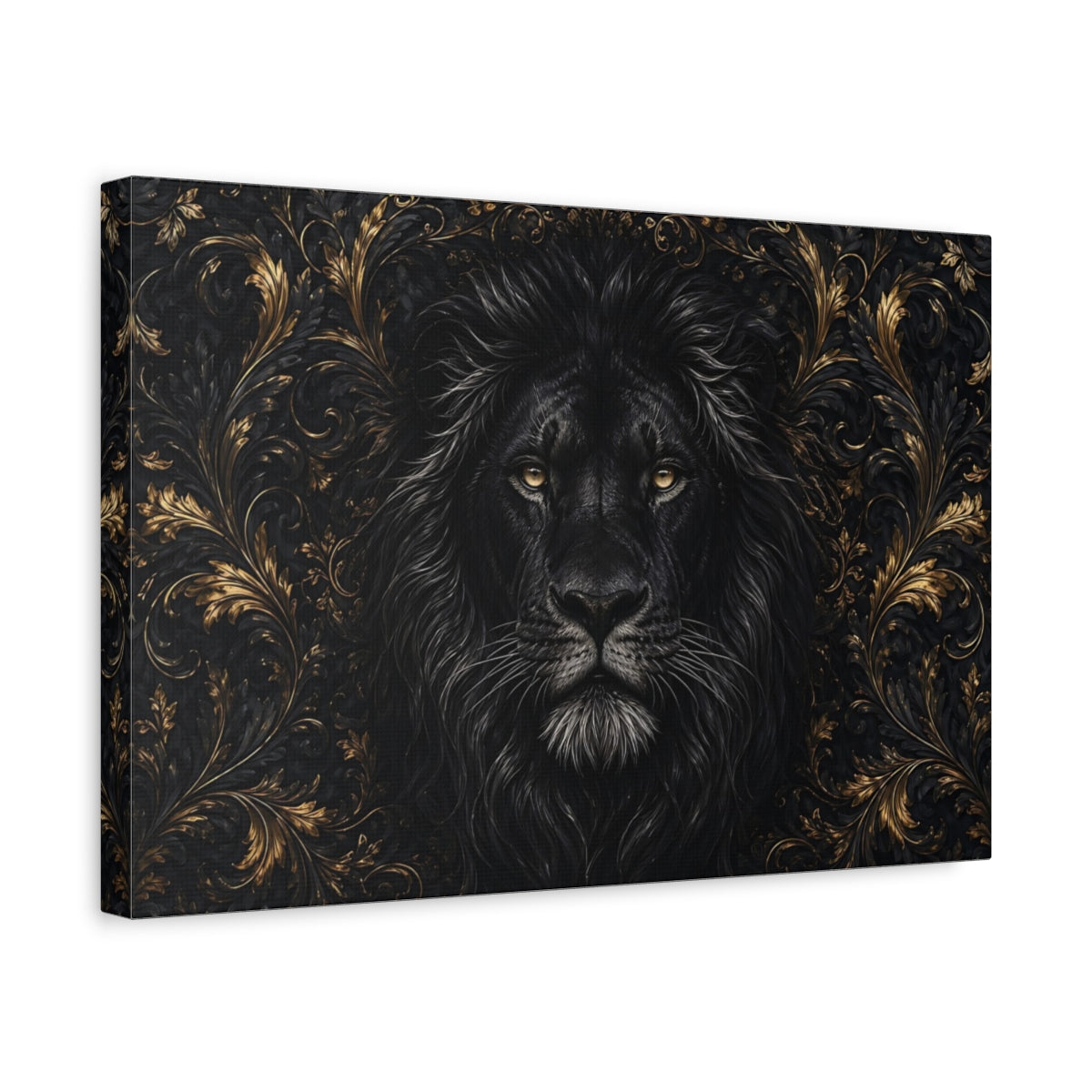 Side Mockup 4. Animals Black Lion Black And Gold shown as stretched canvas wall art