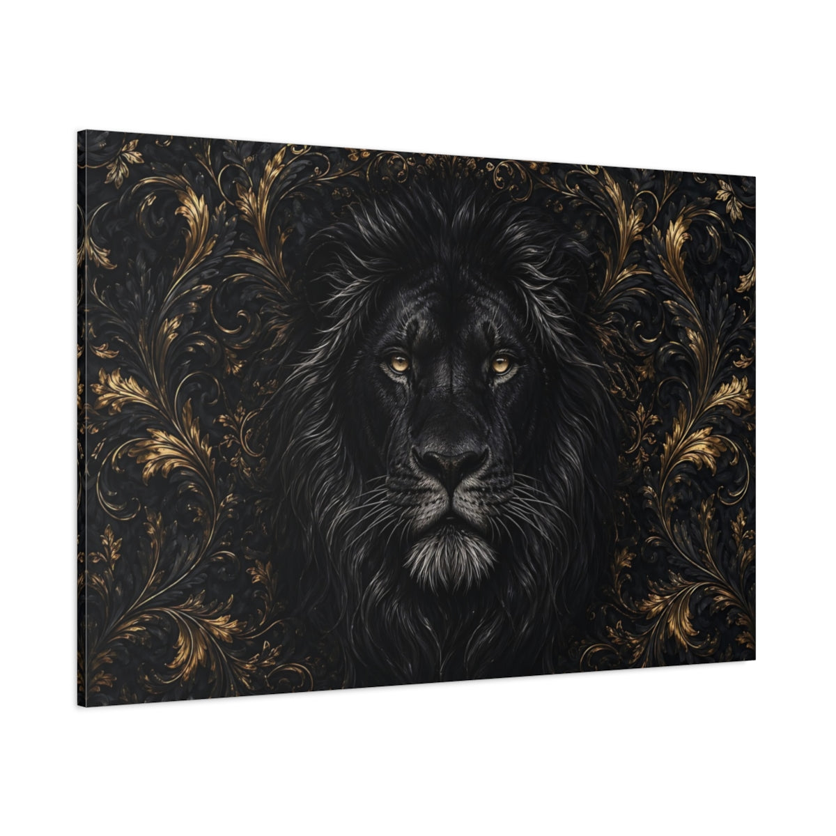 Side Mockup 1. Animals Black Lion Black And Gold shown as stretched canvas wall art