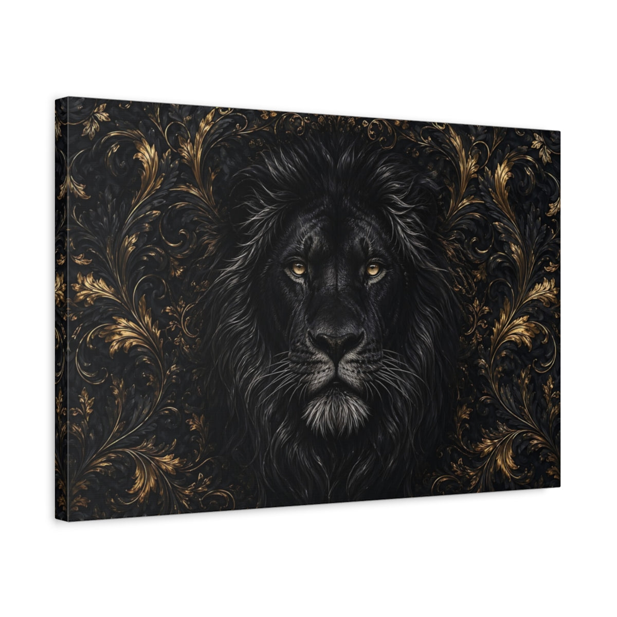 Side Mockup 3. Animals Black Lion Black And Gold shown as stretched canvas wall art