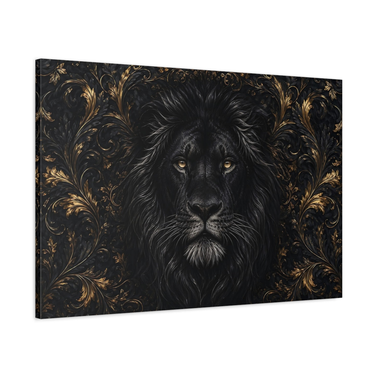 Main Mockup. Animals Black Lion Black And Gold shown as stretched canvas wall art