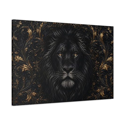 Main Mockup. Animals Black Lion Black And Gold shown as stretched canvas wall art