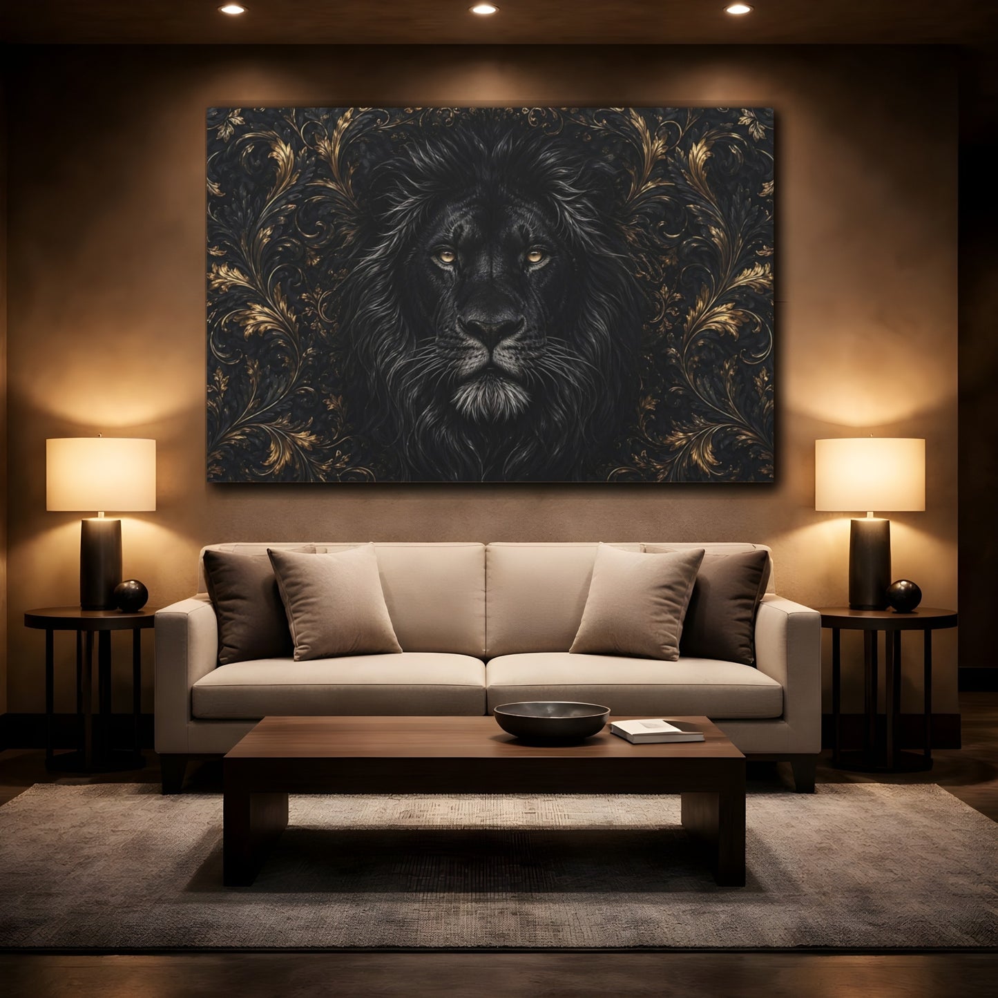 Mockup 2. Animals Black Lion Black And Gold shown as stretched canvas wall art