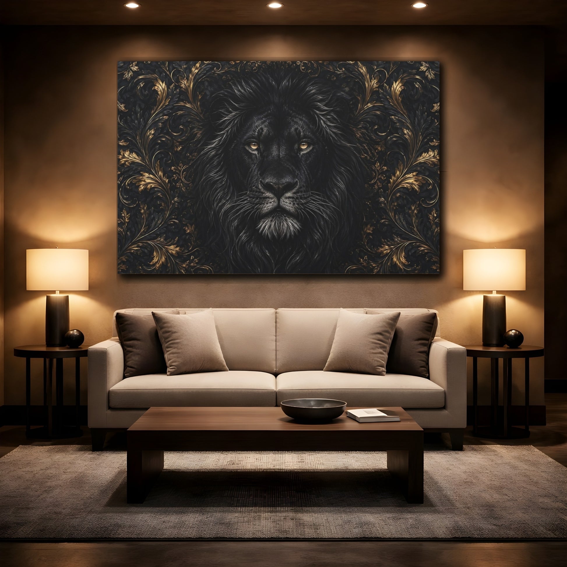 Mockup 2. Animals Black Lion Black And Gold shown as stretched canvas wall art