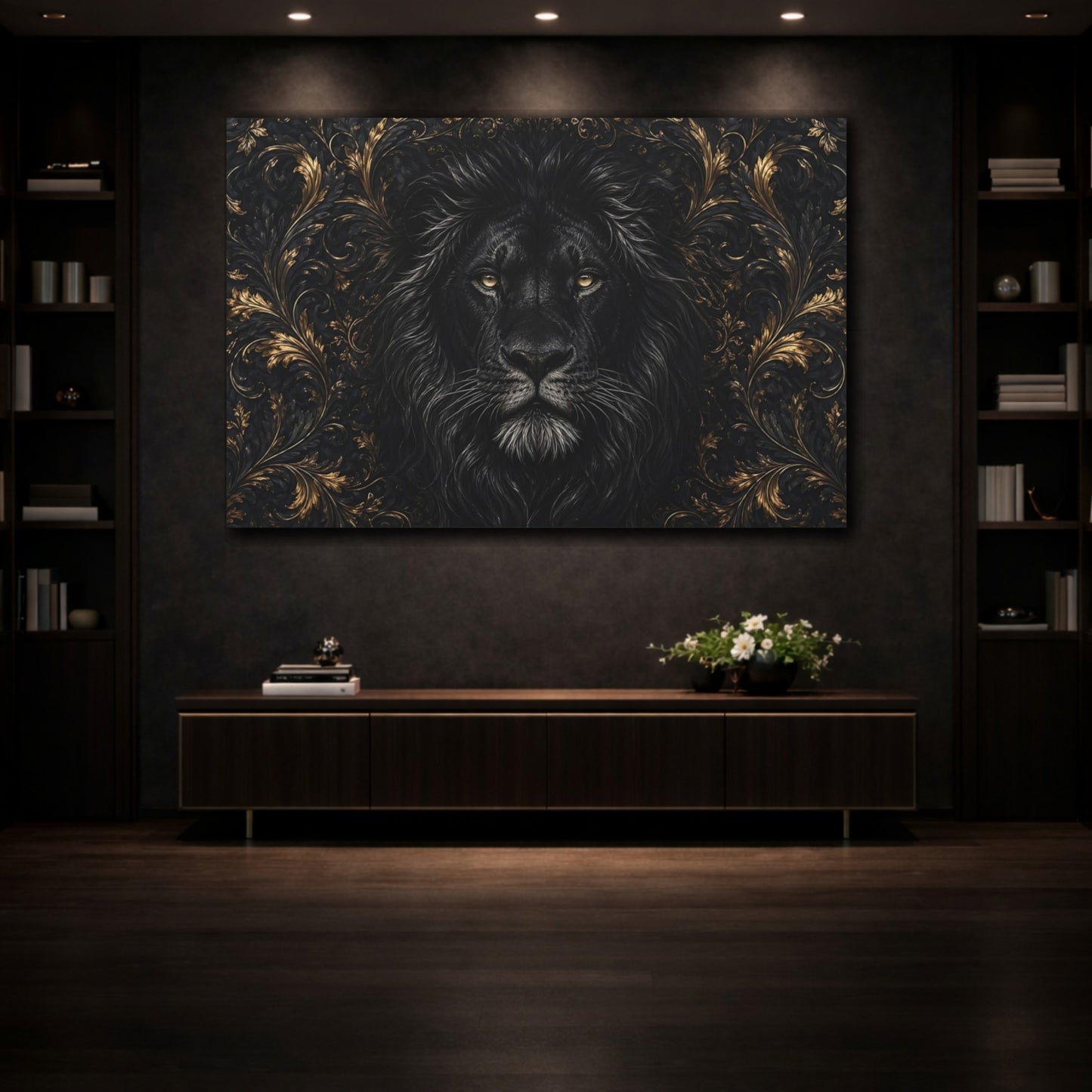 Mockup 3. Animals Black Lion Black And Gold shown as stretched canvas wall art