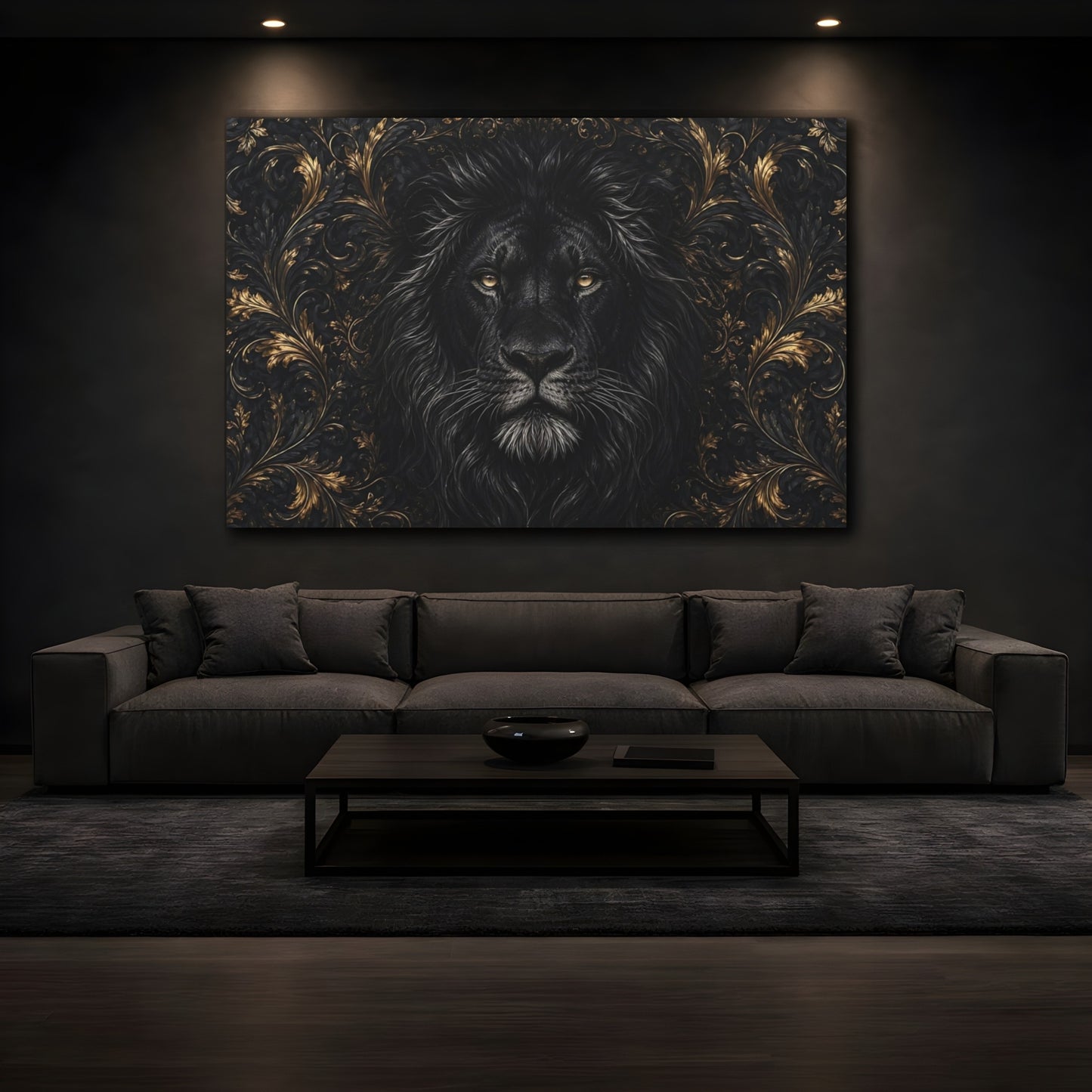 Mockup 4. Animals Black Lion Black And Gold shown as stretched canvas wall art