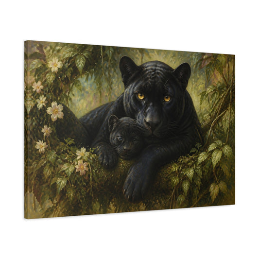 Main Mockup. Animals Black Panther And Cub shown as canvas print