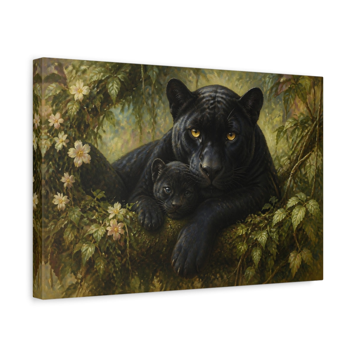 Side Mockup 4. Animals Black Panther And Cub shown as canvas print