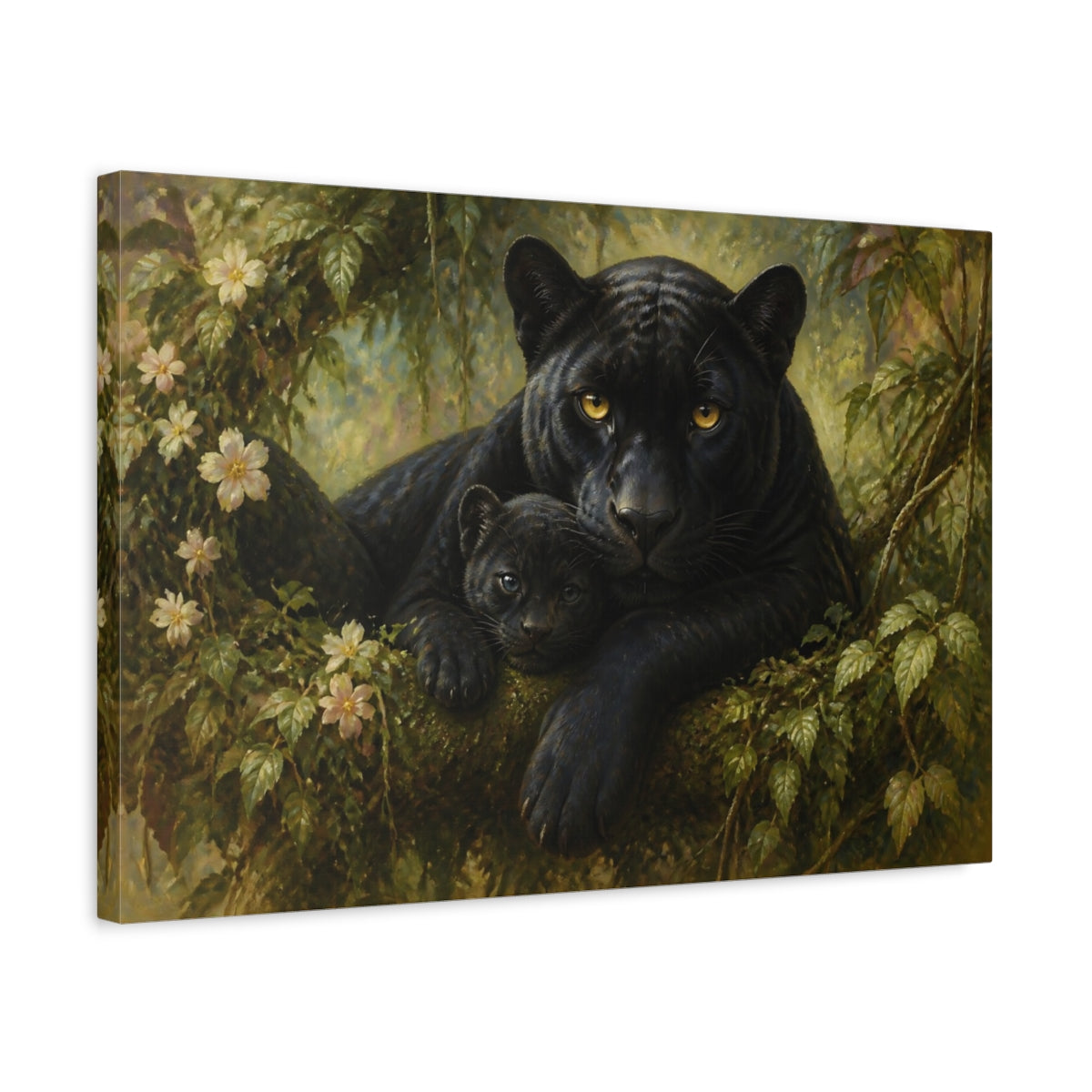 Side Mockup 3. Animals Black Panther And Cub shown as canvas print