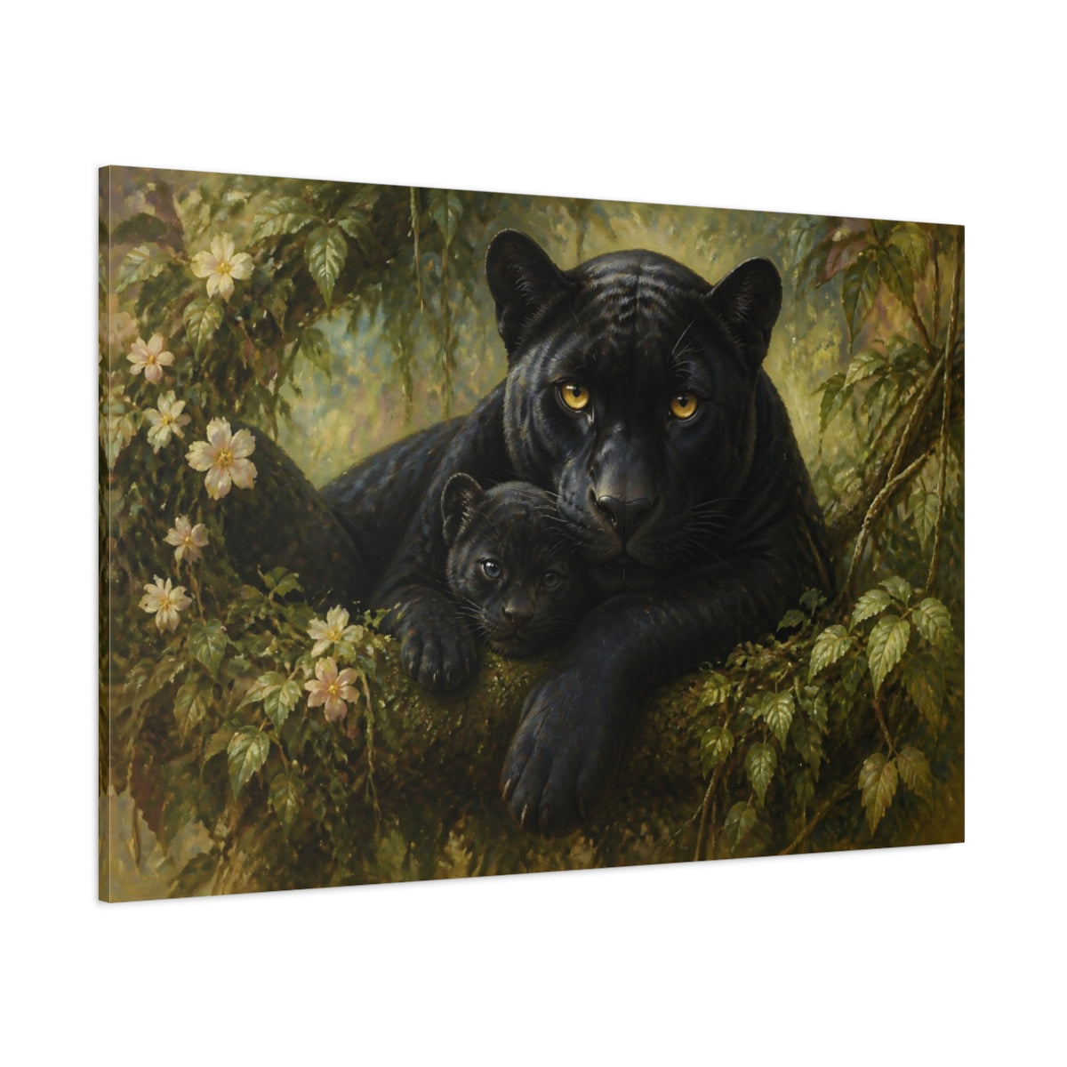 Side Mockup 1. Animals Black Panther And Cub shown as canvas print