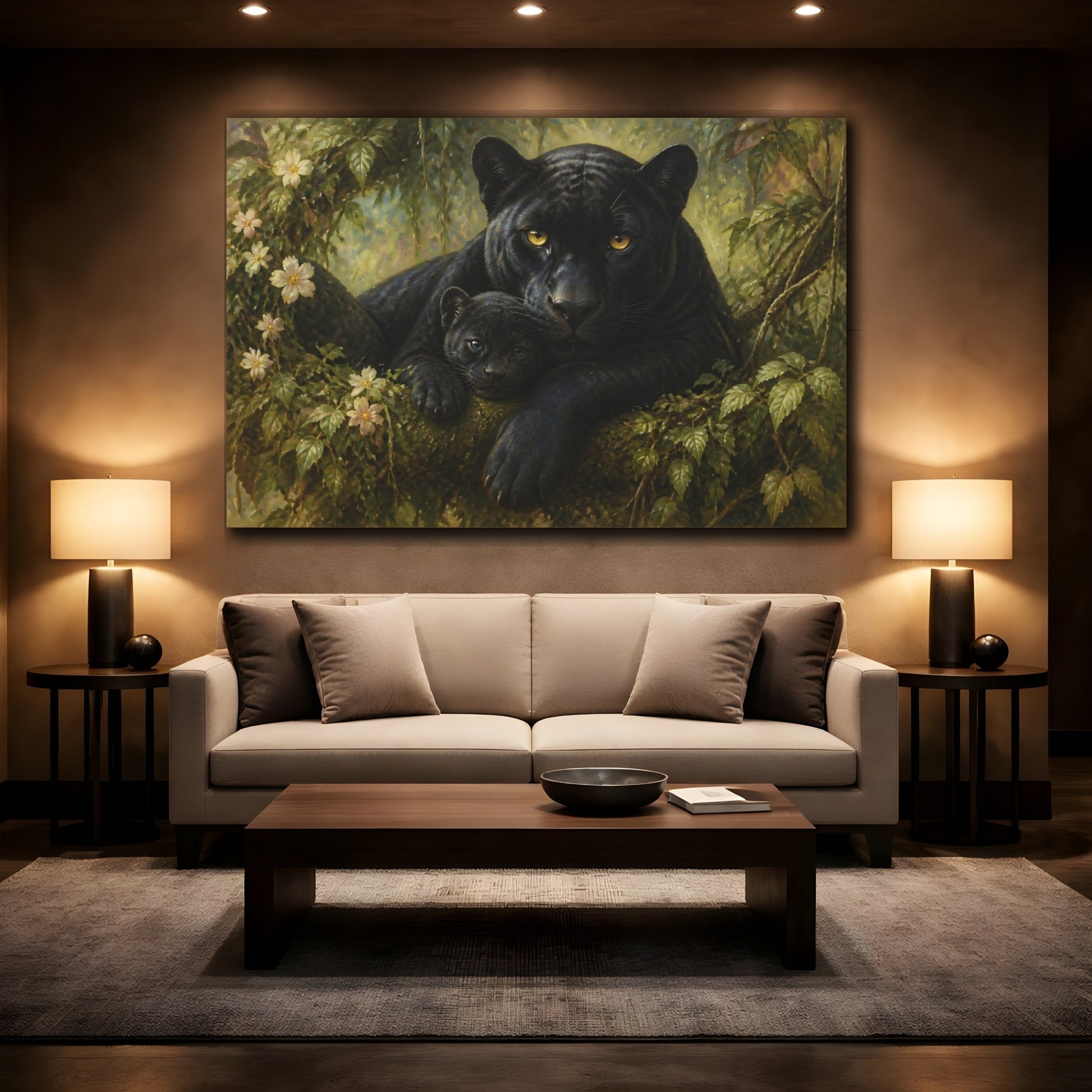 Mockup 2. Animals Black Panther And Cub shown as canvas print