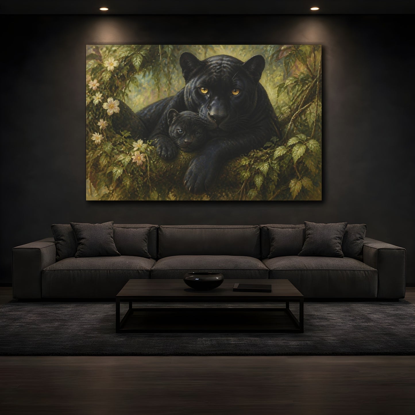 Mockup 3. Animals Black Panther And Cub shown as canvas print