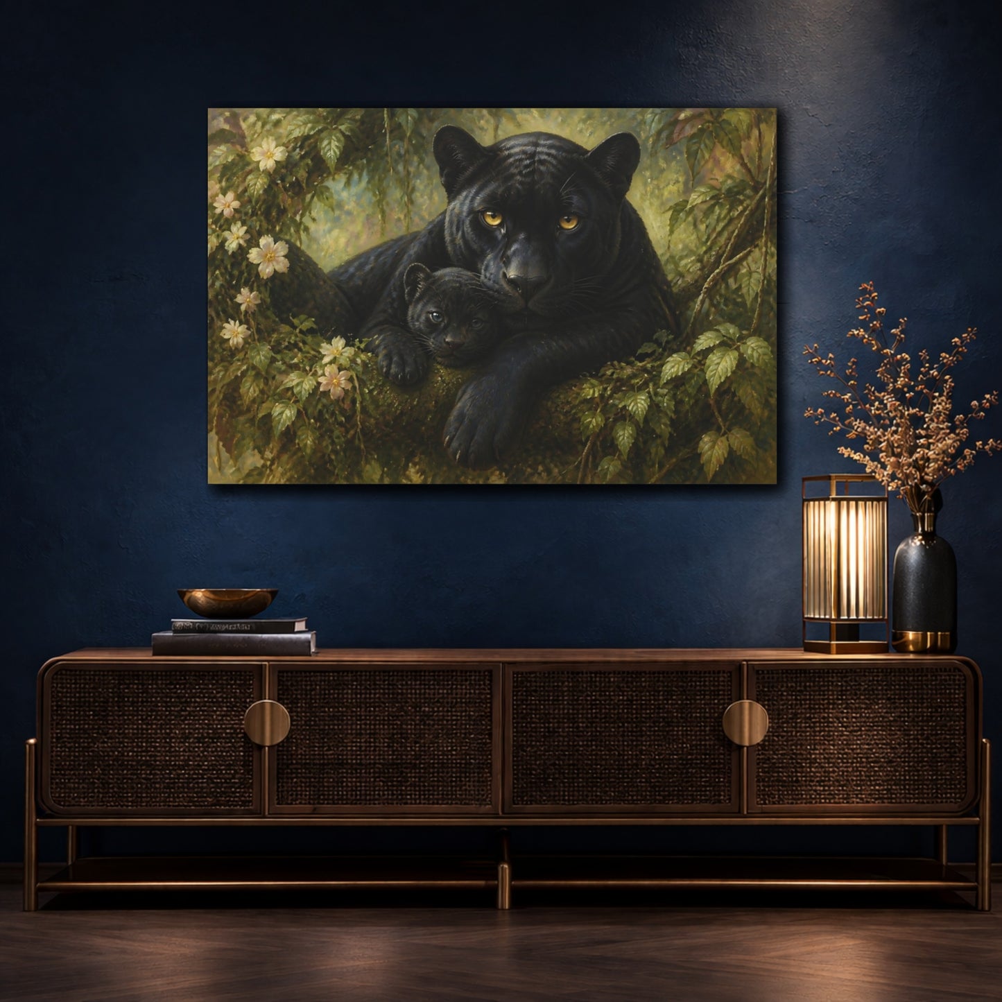 Mockup 4. Animals Black Panther And Cub shown as canvas print