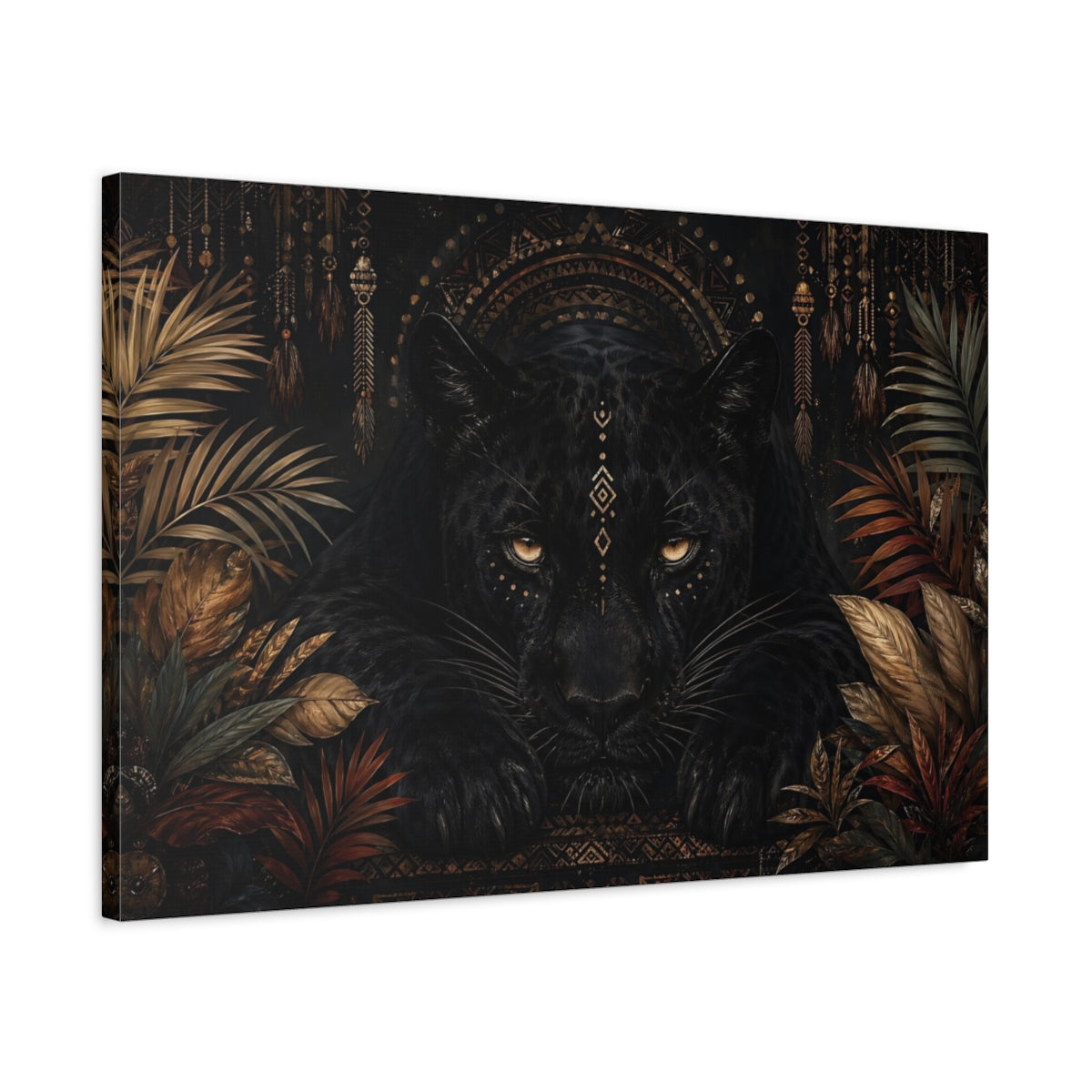 Side Mockup 2. Animals Black Panther Black And Gold shown as stretched canvas wall art