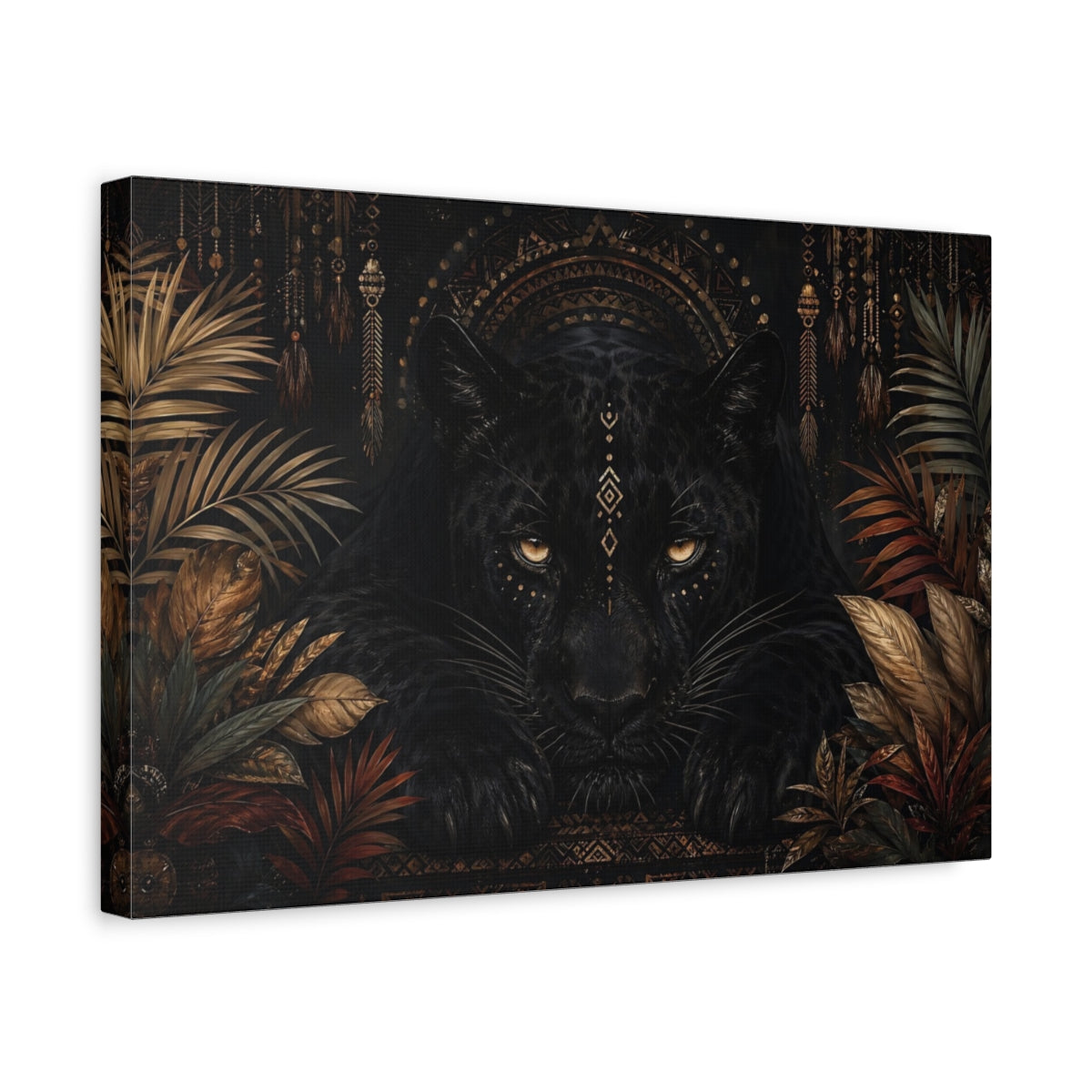 Side Mockup 4. Animals Black Panther Black And Gold shown as stretched canvas wall art