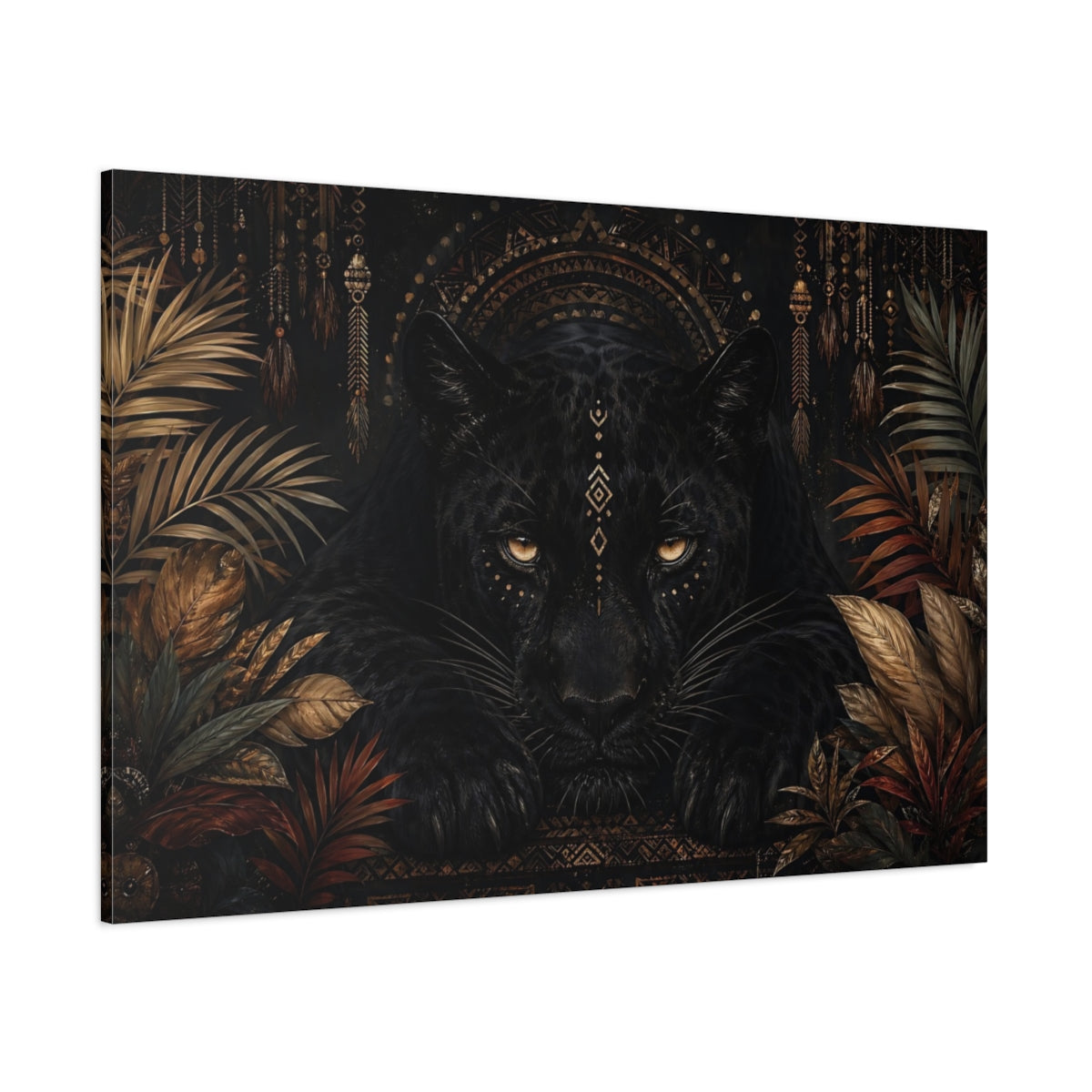 Side Mockup 1. Animals Black Panther Black And Gold shown as stretched canvas wall art