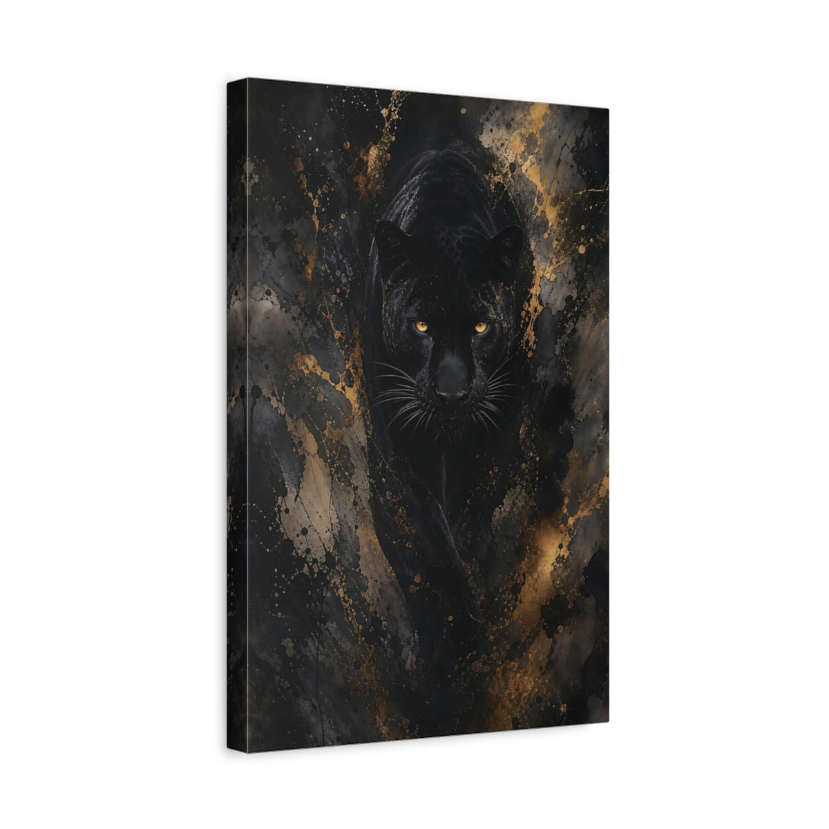 Side Mockup 4. Animals Black Panther Black And Gold shown as stretched canvas wall art