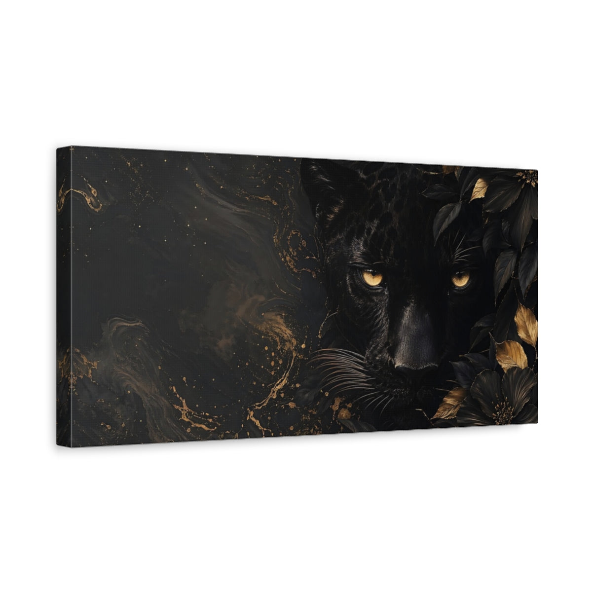 Side Mockup 3. Animals Black Panther Black And Gold shown as stretched canvas wall art