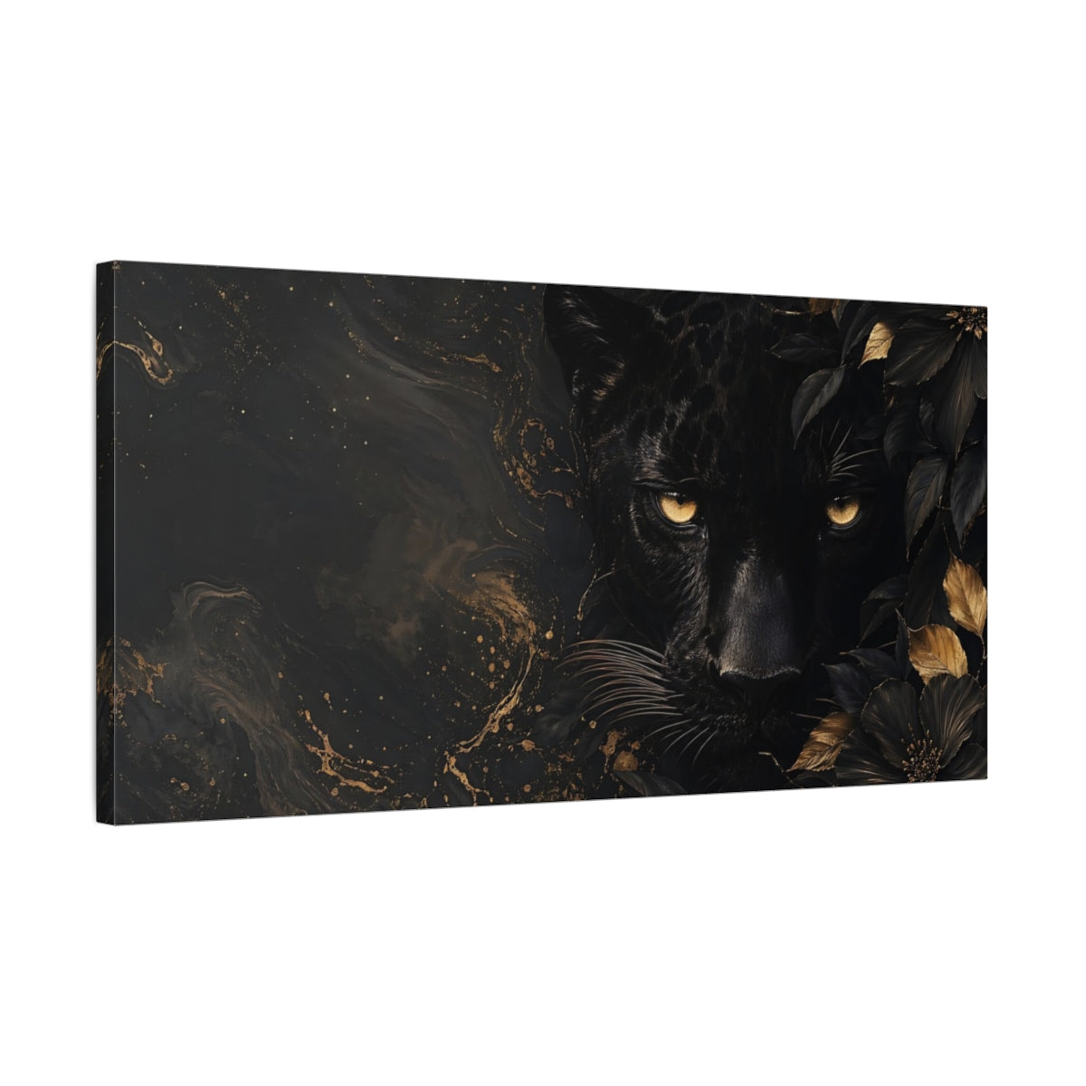 Side Mockup 1. Animals Black Panther Black And Gold shown as stretched canvas wall art
