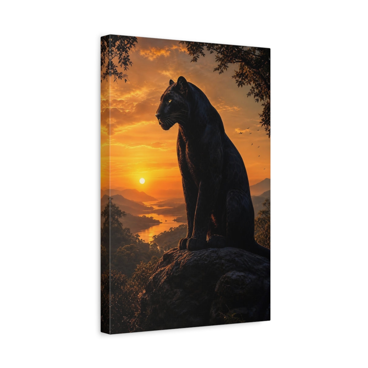 Side Mockup 4. Animals Black Panther Black And Orange shown as stretched canvas wall art