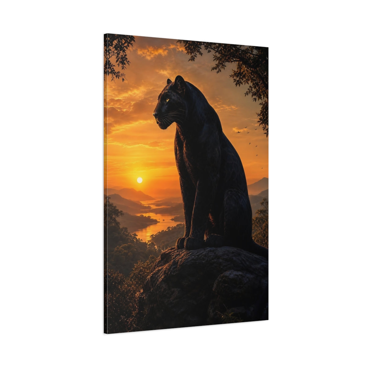 Side Mockup 1. Animals Black Panther Black And Orange shown as stretched canvas wall art