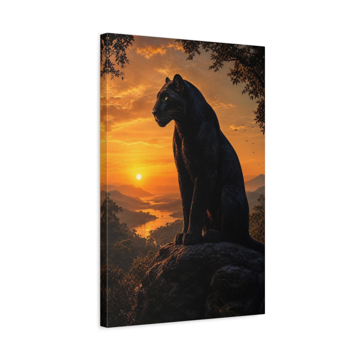 Side Mockup 3. Animals Black Panther Black And Orange shown as stretched canvas wall art