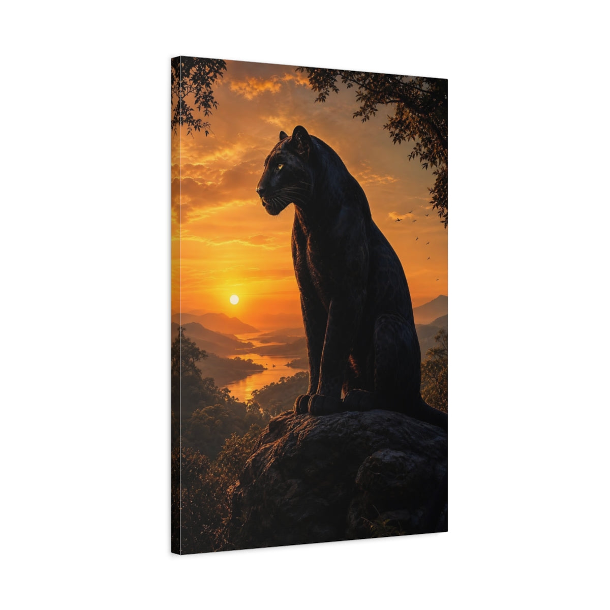 Side Mockup 2. Animals Black Panther Black And Orange shown as stretched canvas wall art