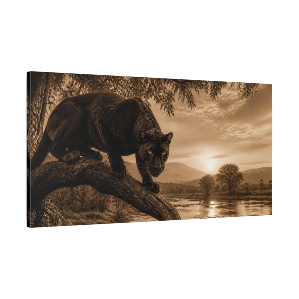 Main Mockup. Animals Black Panther At Sunset shown as canvas print