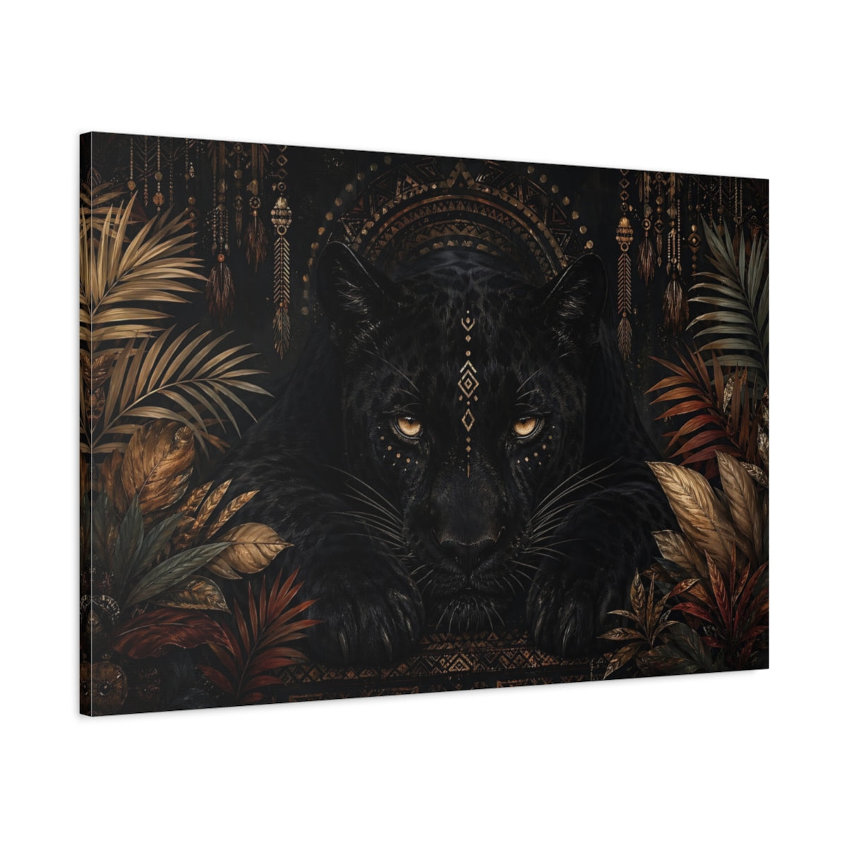 Main Mockup. Animals Black Panther Black And Gold shown as stretched canvas wall art