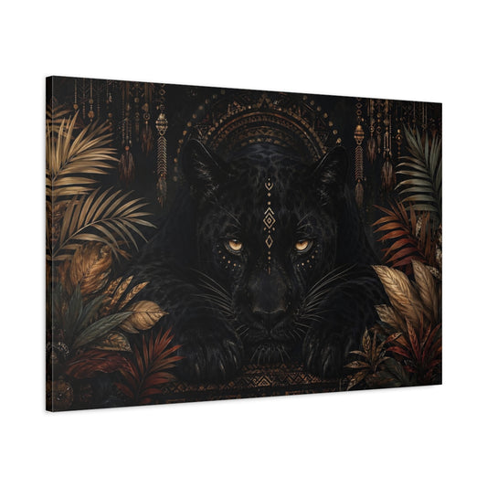 Main Mockup. Animals Black Panther Black And Gold shown as stretched canvas wall art