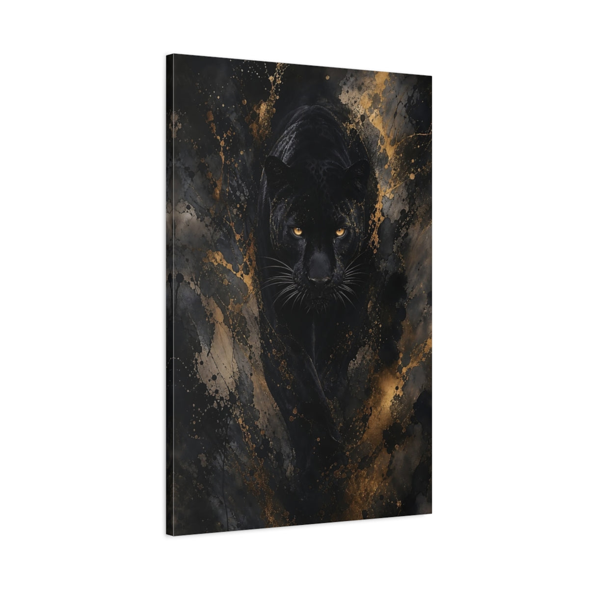 Main Mockup. Animals Black Panther Black And Gold shown as stretched canvas wall art