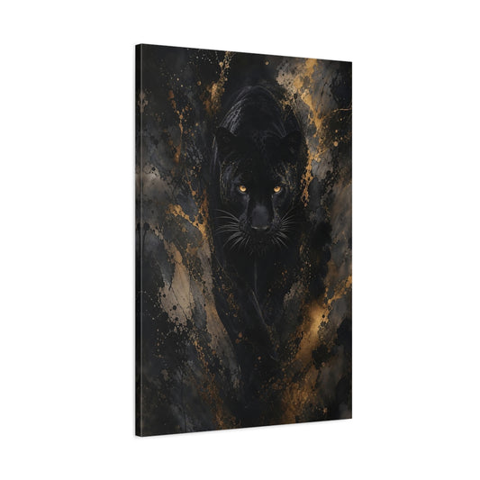 Main Mockup. Animals Black Panther Black And Gold shown as stretched canvas wall art