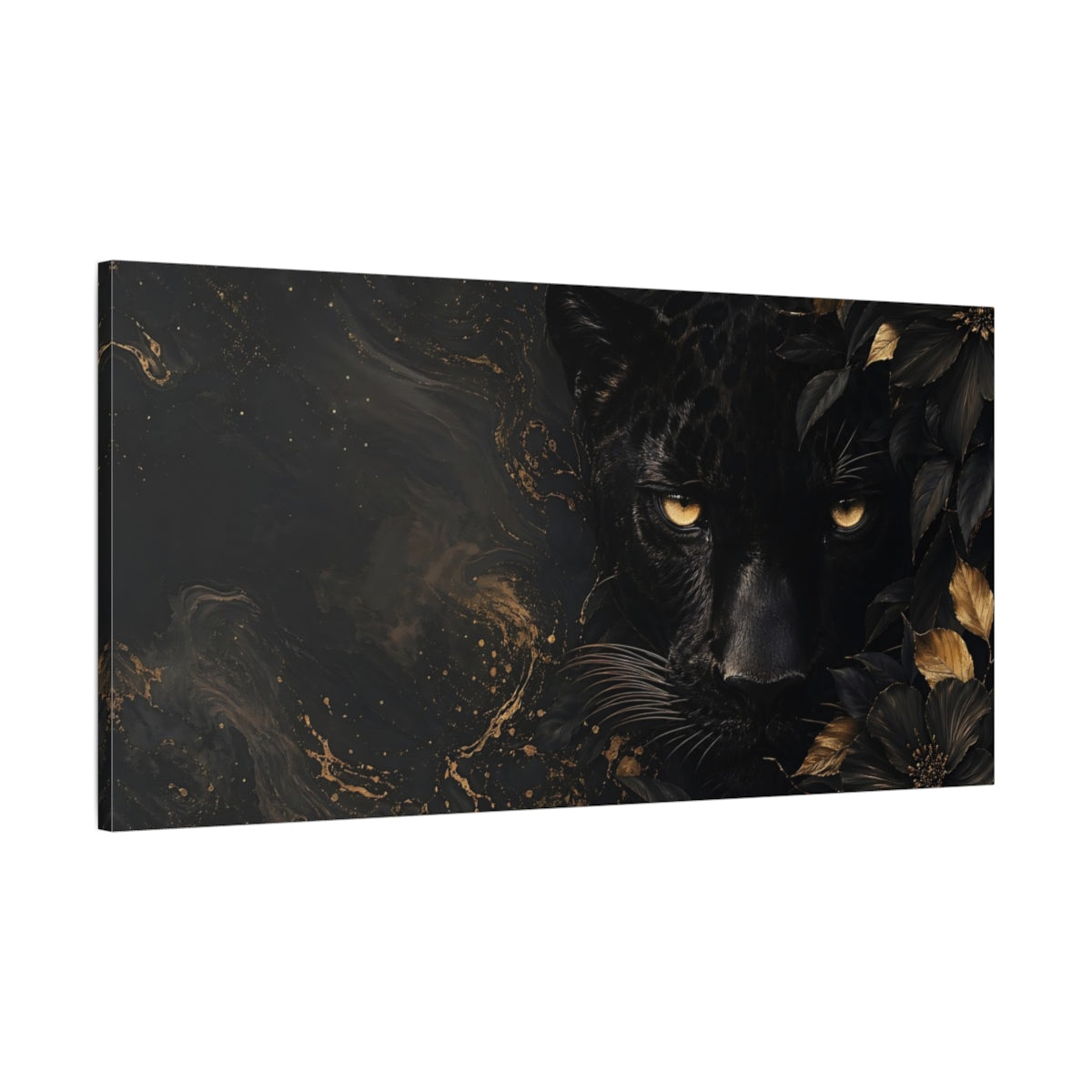 Main Mockup. Animals Black Panther Black And Gold shown as stretched canvas wall art