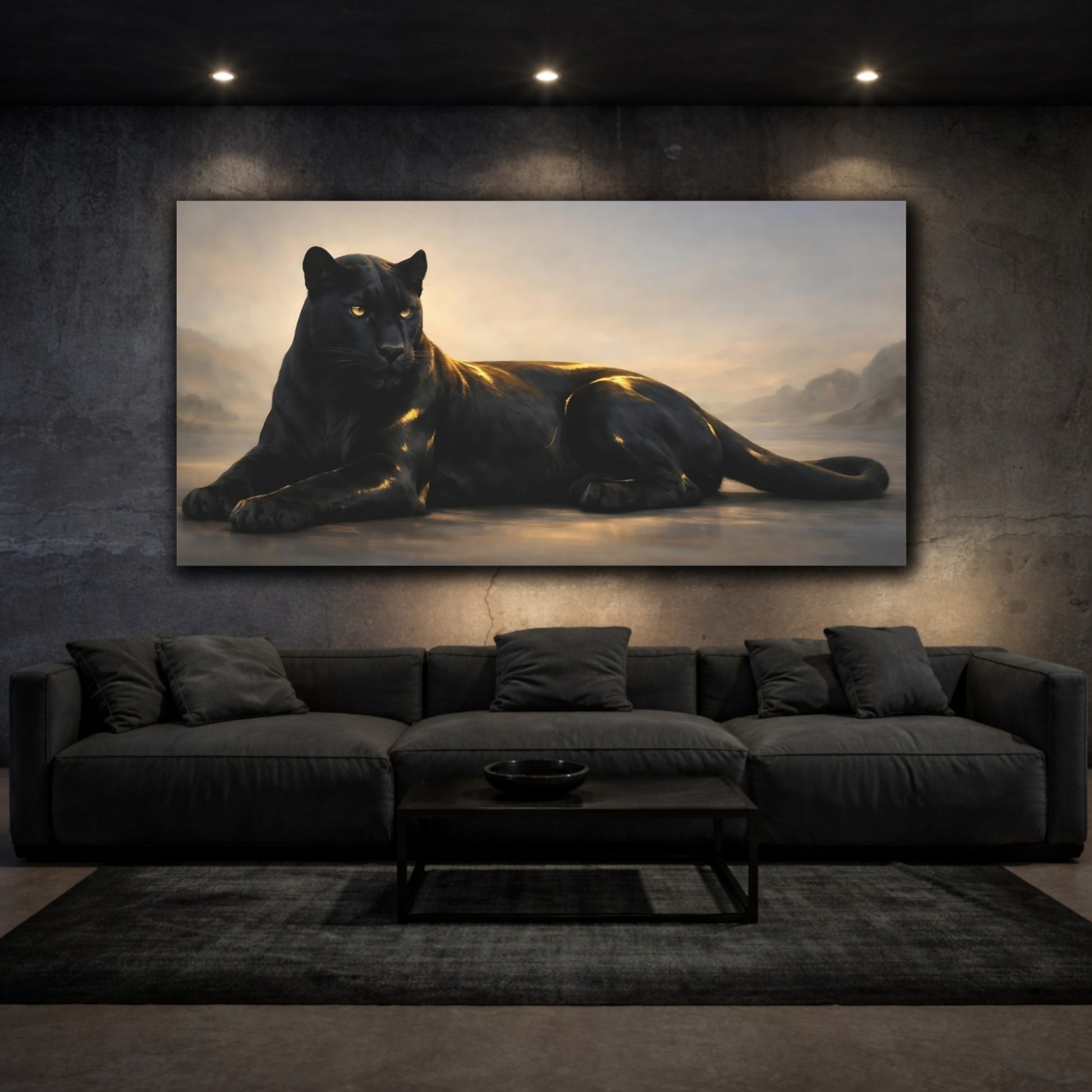 Mockup 2. Animals Black Panther Black And Gold shown as stretched canvas wall art