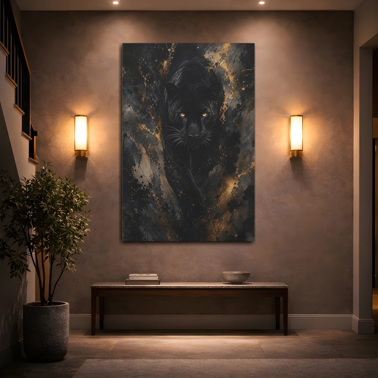 Mockup 2. Animals Black Panther Black And Gold shown as stretched canvas wall art