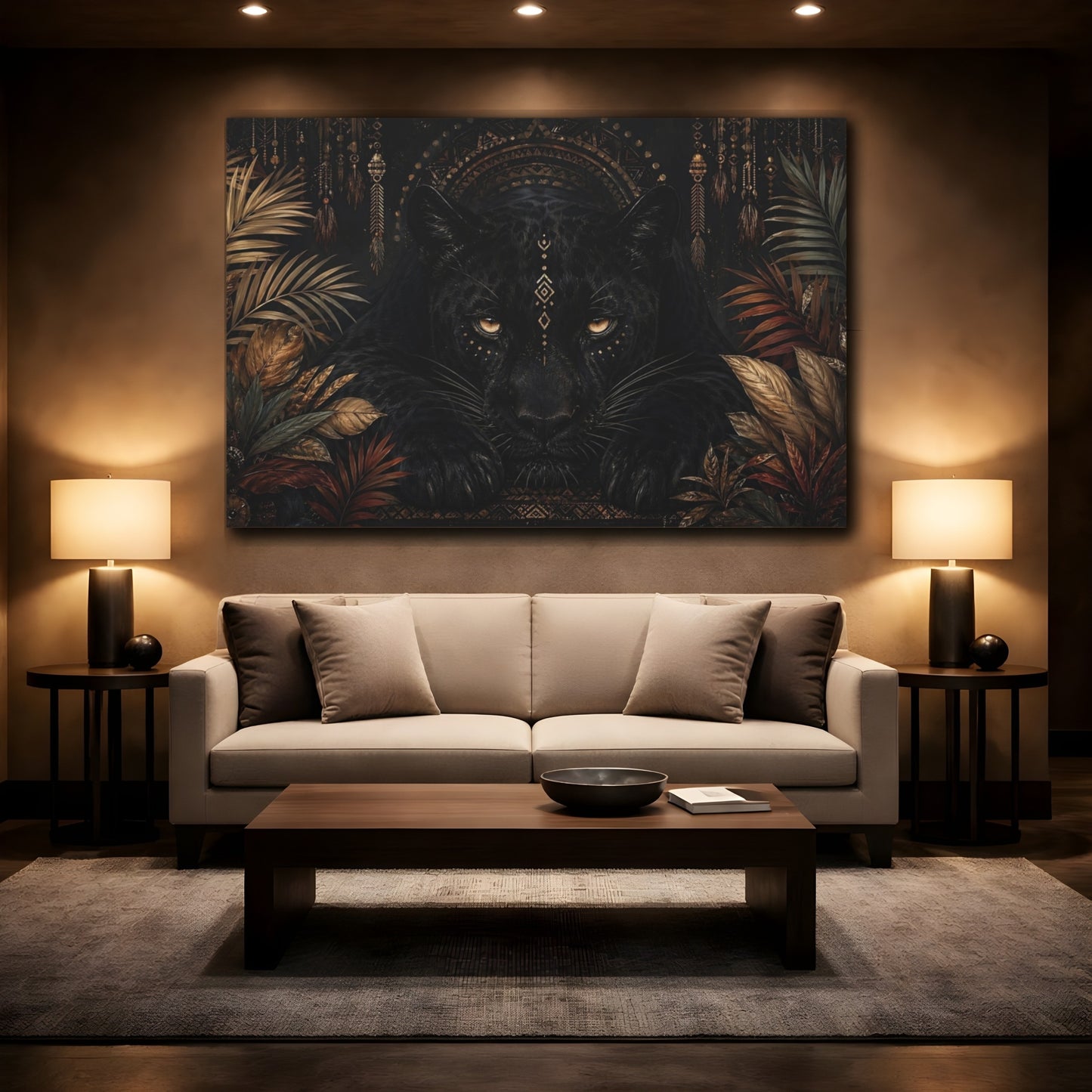 Mockup 2. Animals Black Panther Black And Gold shown as stretched canvas wall art