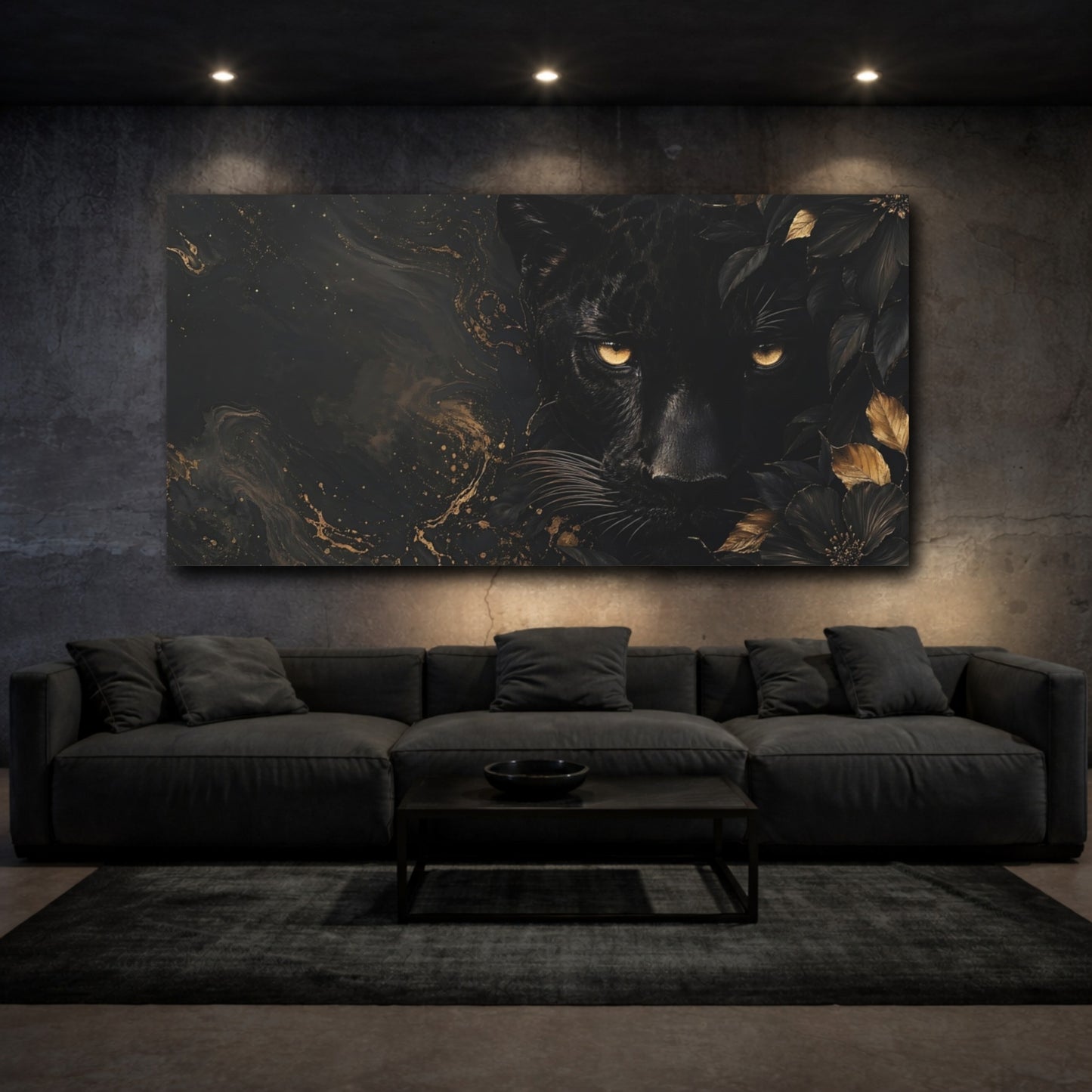 Mockup 2. Animals Black Panther Black And Gold shown as stretched canvas wall art