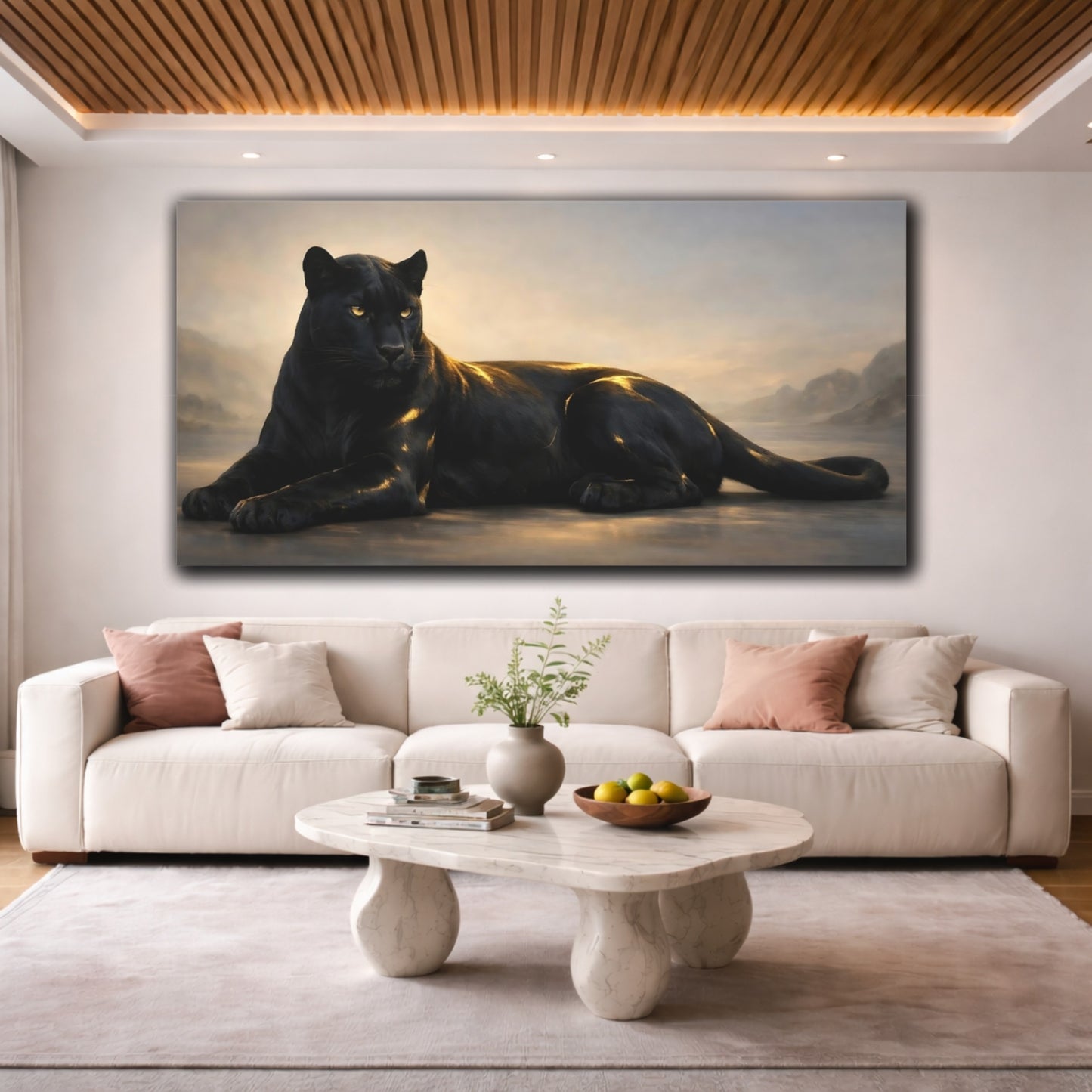 Mockup 3. Animals Black Panther Black And Gold shown as stretched canvas wall art