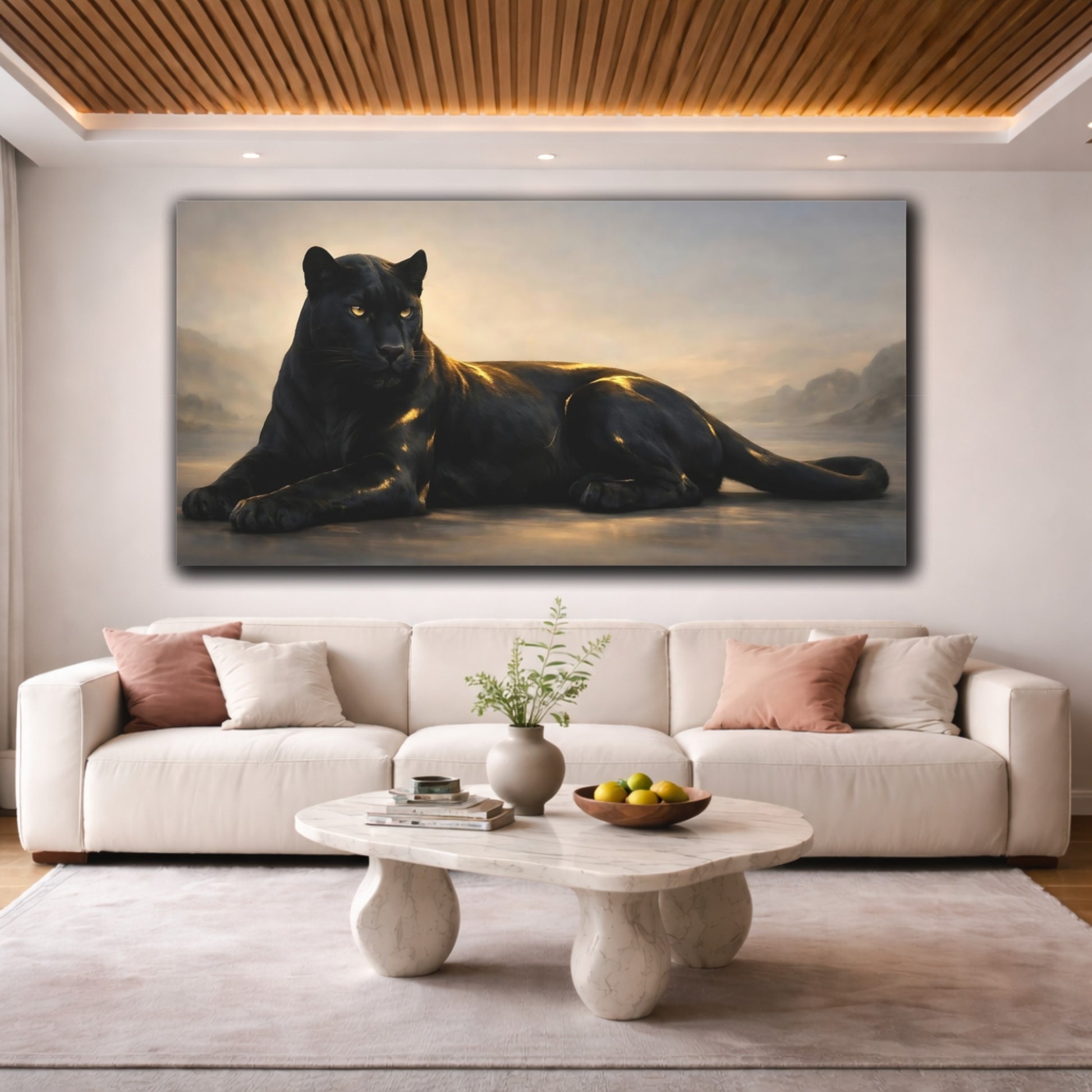 Mockup 3. Animals Black Panther Black And Gold shown as stretched canvas wall art