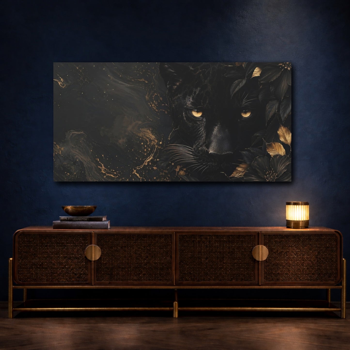 Mockup 3. Animals Black Panther Black And Gold shown as stretched canvas wall art