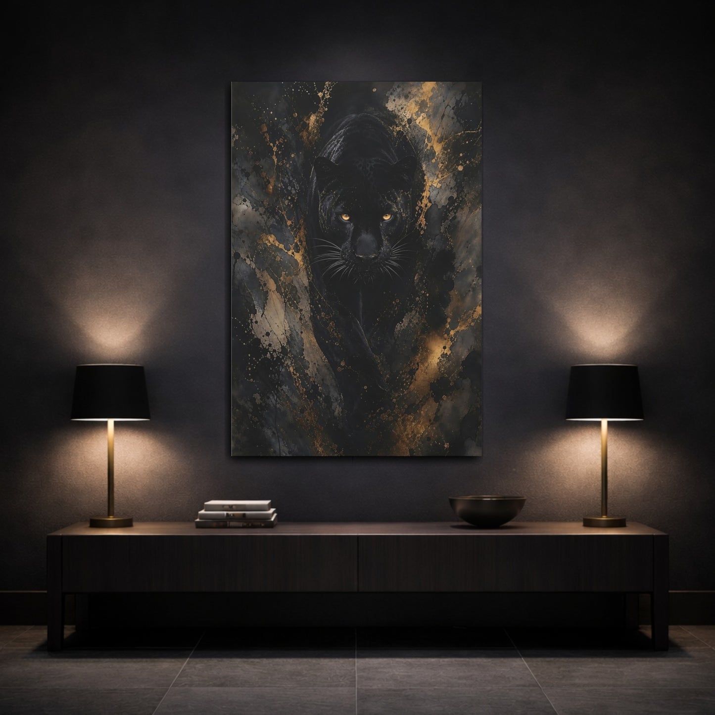 Mockup 3. Animals Black Panther Black And Gold shown as stretched canvas wall art