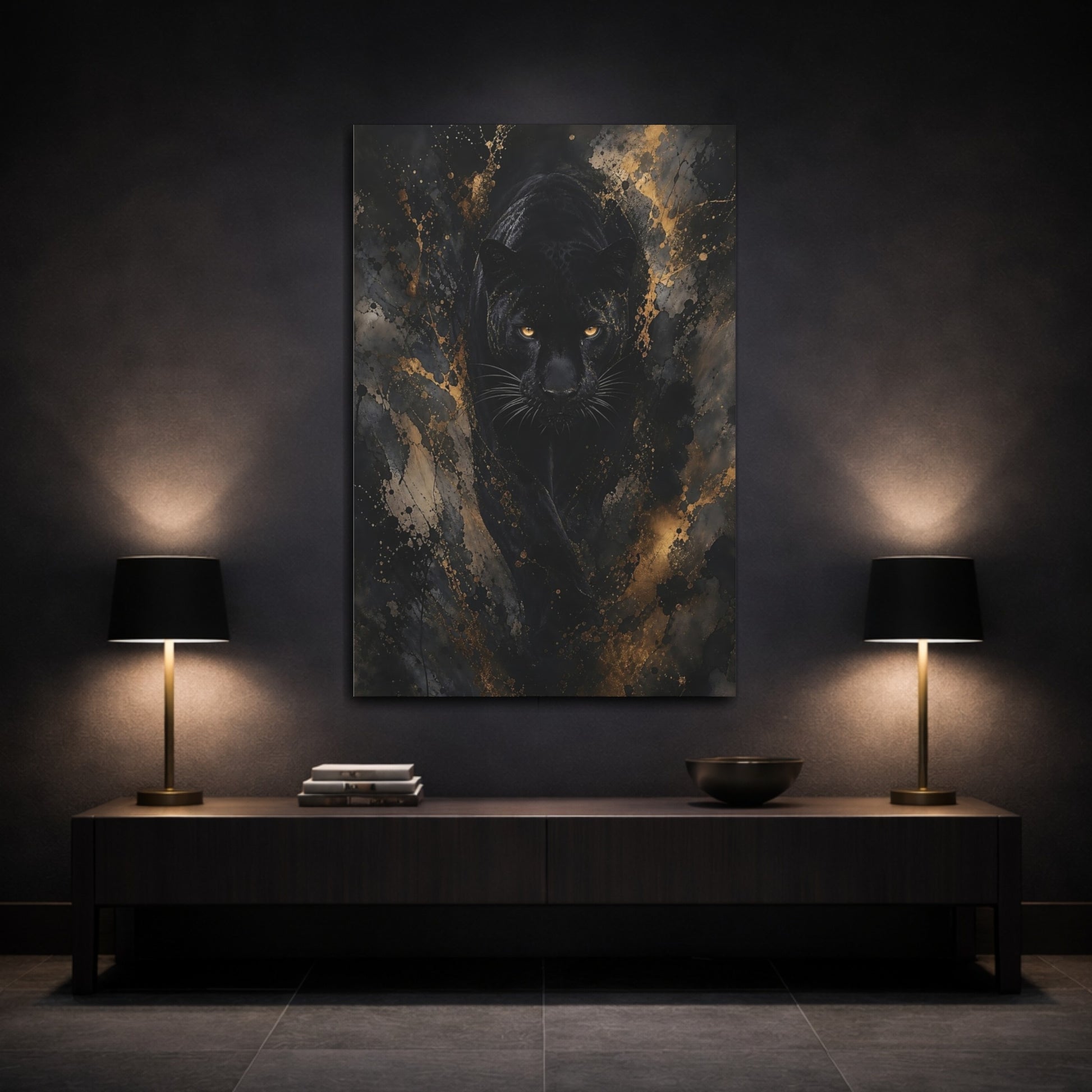 Mockup 3. Animals Black Panther Black And Gold shown as stretched canvas wall art