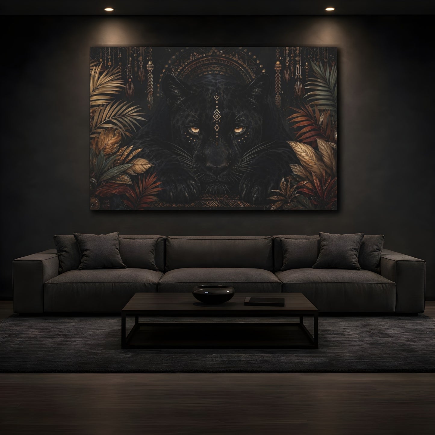 Mockup 3. Animals Black Panther Black And Gold shown as stretched canvas wall art