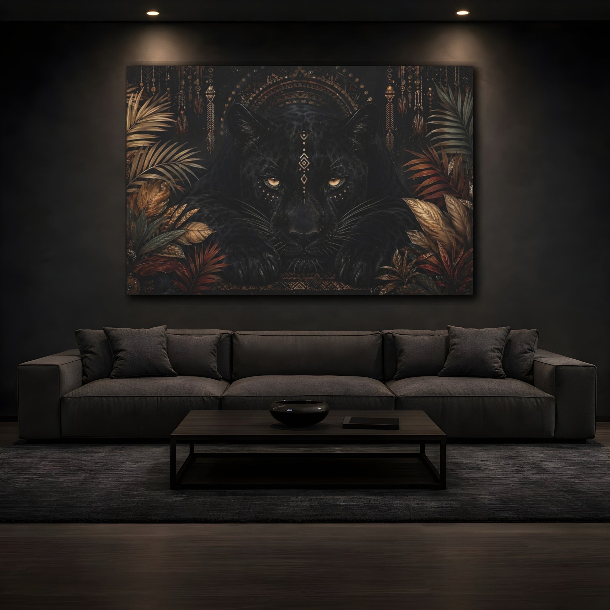 Mockup 3. Animals Black Panther Black And Gold shown as stretched canvas wall art