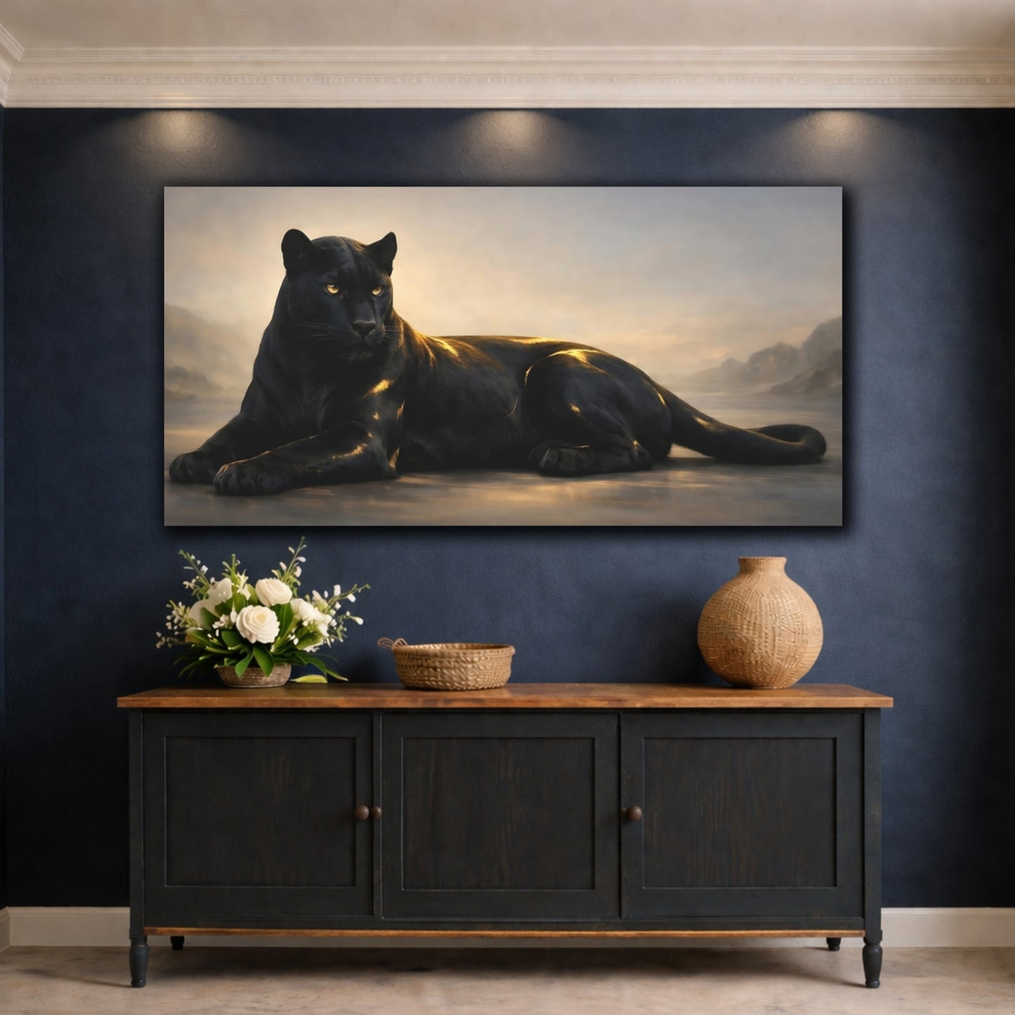 Mockup 4. Animals Black Panther Black And Gold shown as stretched canvas wall art