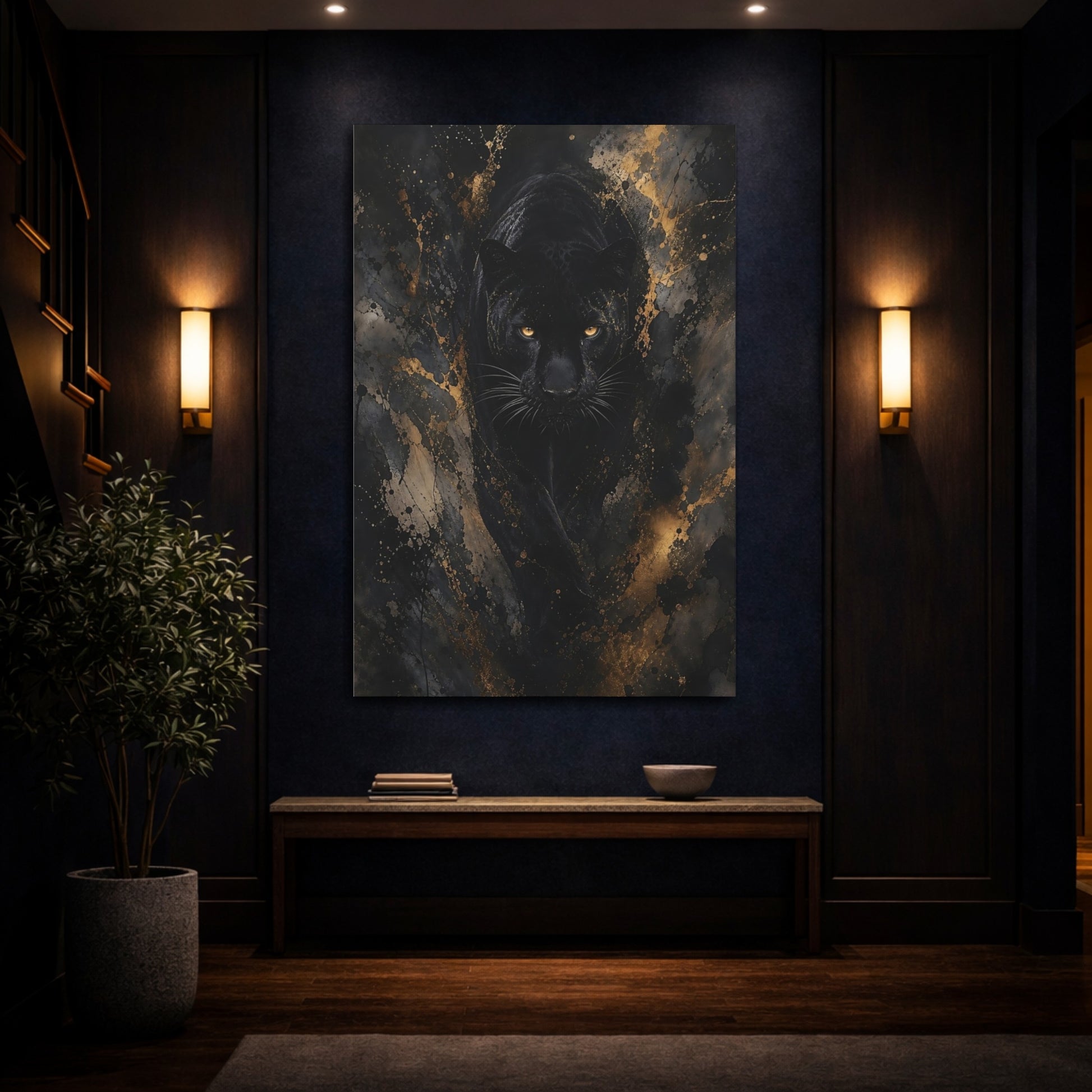 Mockup 4. Animals Black Panther Black And Gold shown as stretched canvas wall art