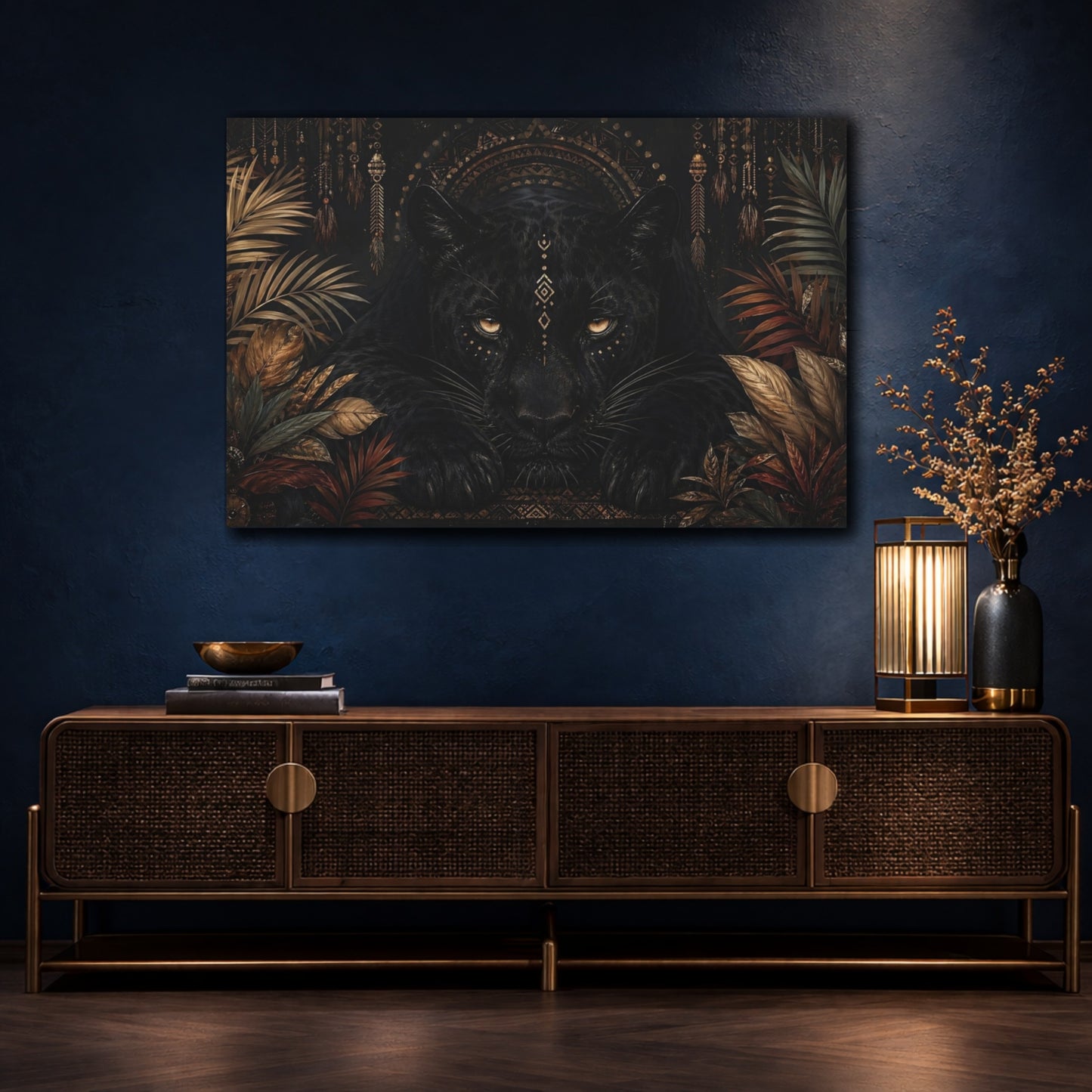 Mockup 4. Animals Black Panther Black And Gold shown as stretched canvas wall art