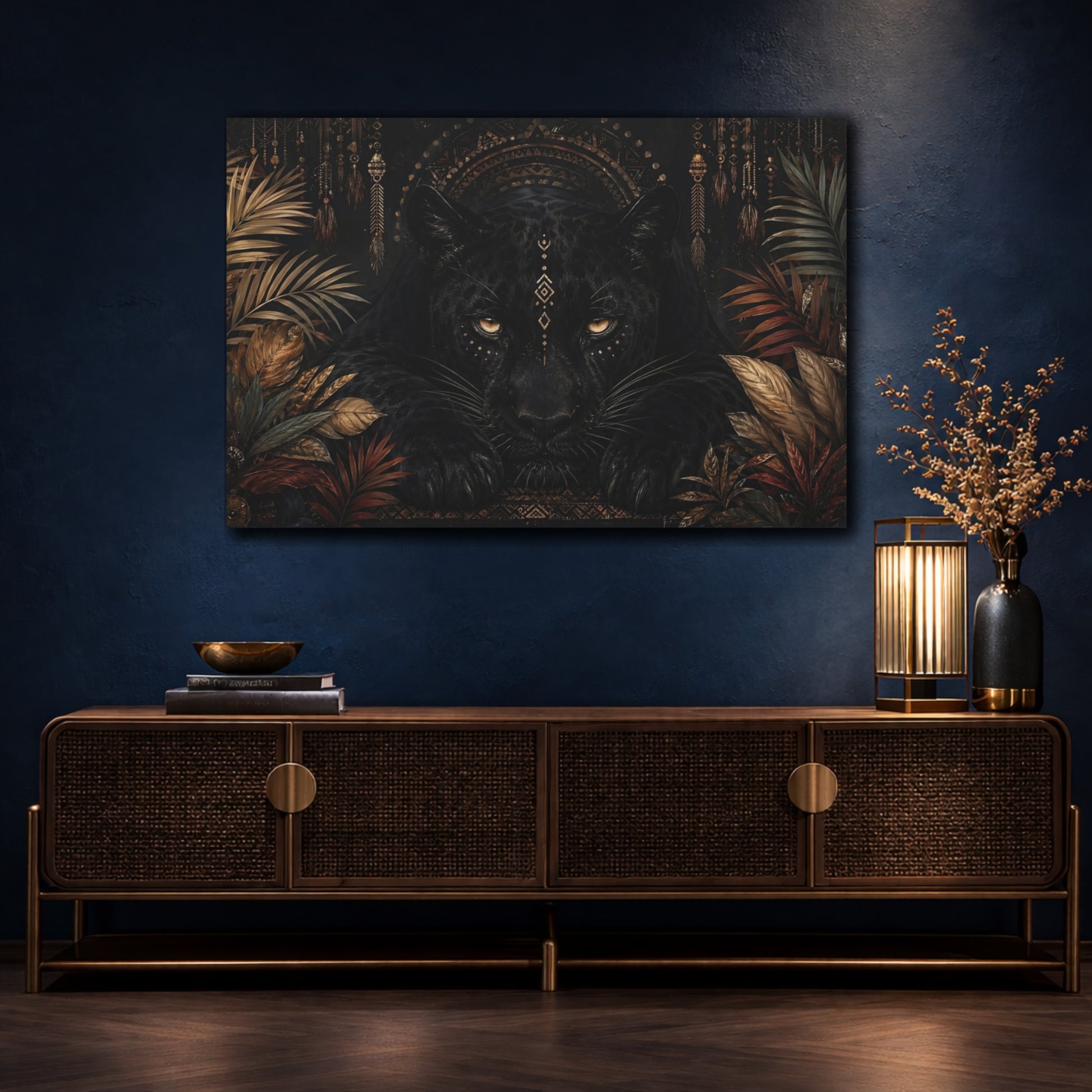 Mockup 4. Animals Black Panther Black And Gold shown as stretched canvas wall art