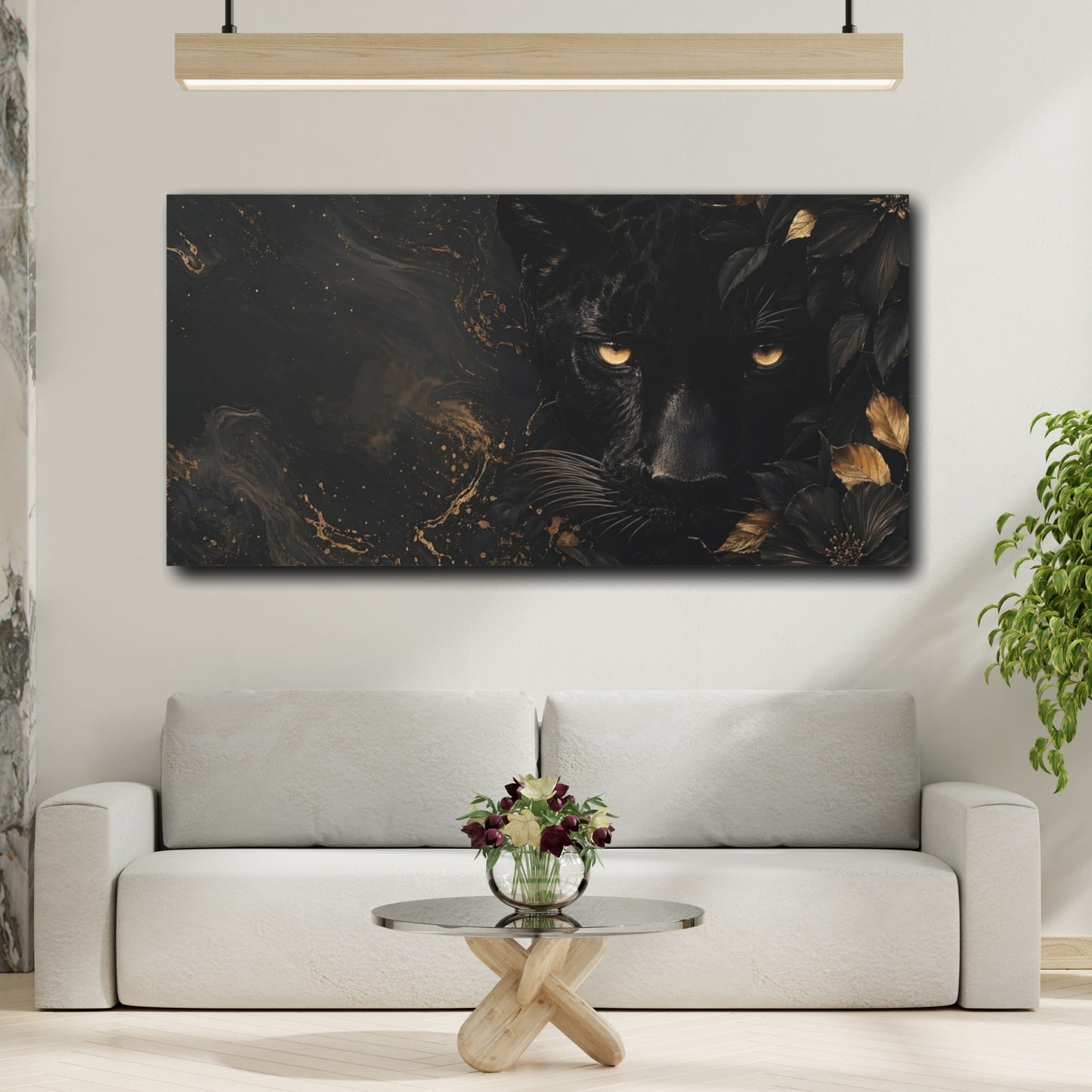 Mockup 4. Animals Black Panther Black And Gold shown as stretched canvas wall art
